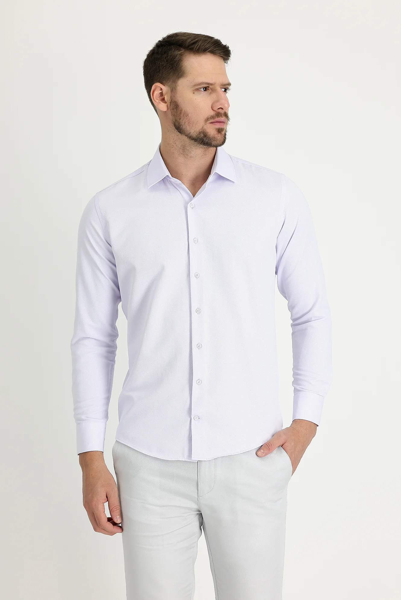 Lila Uzun Kol Slim Fit Dar Kesim Klasik Desenli Pamuklu Kolay Ütülenebilir Gömlek - Image 2