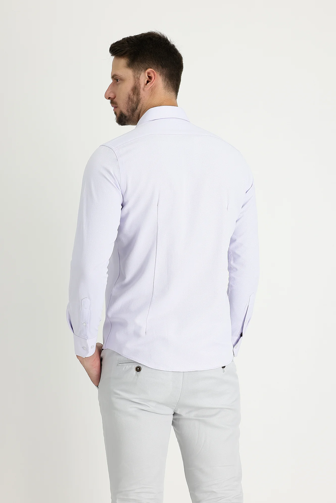 Lila Uzun Kol Slim Fit Dar Kesim Klasik Desenli Pamuklu Kolay Ütülenebilir Gömlek - Image 3