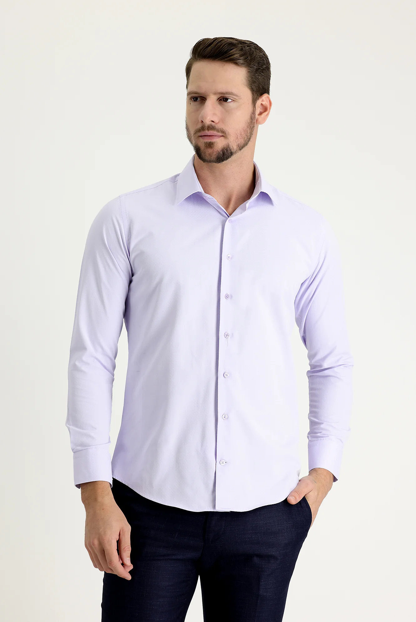 Lila Uzun Kol Slim Fit Dar Kesim Klasik Desenli Pamuklu Kolay Ütülenebilir Gömlek - Image 2