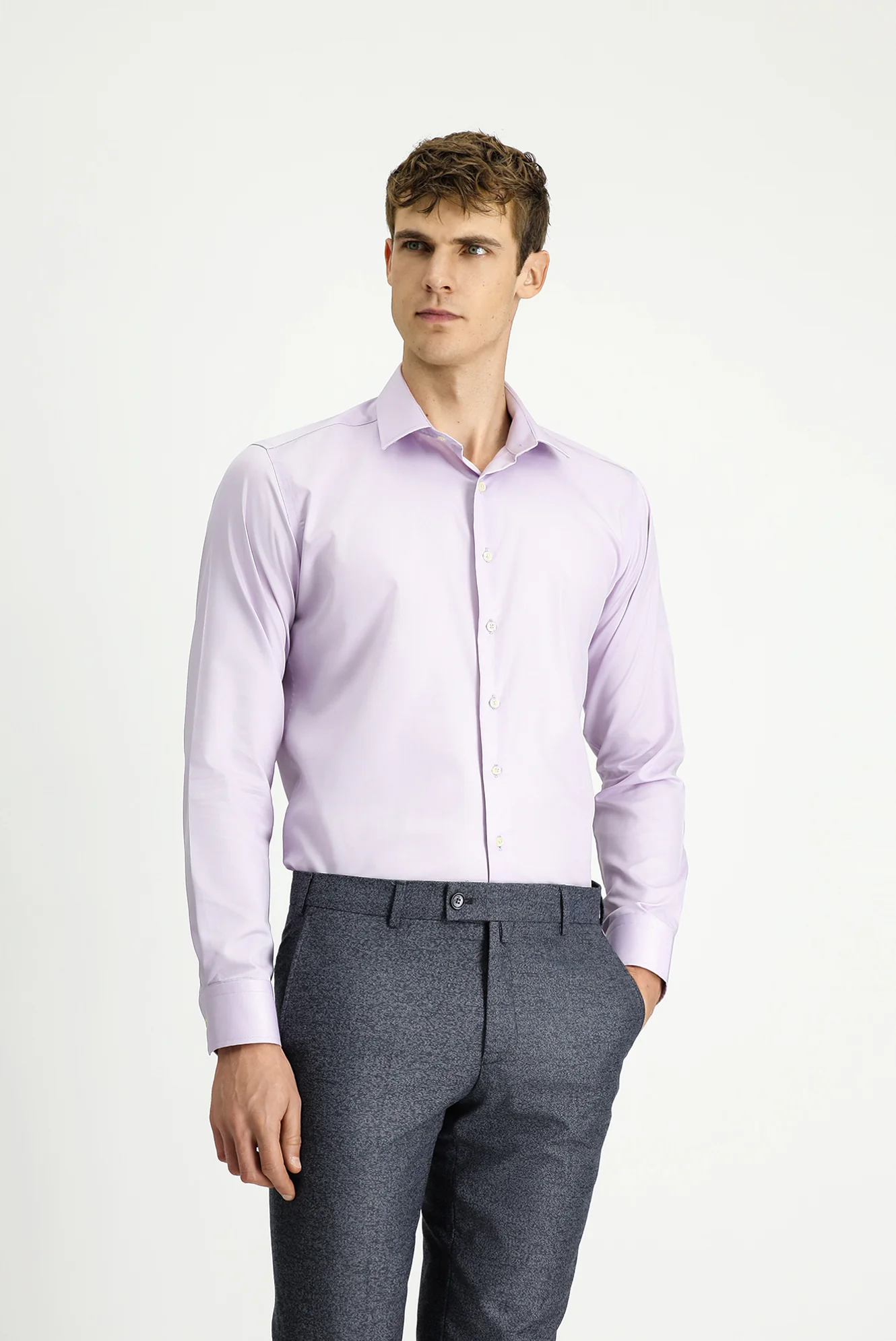 Lila Uzun Kol Slim Fit Dar Kesim Klasik Non Iron Pamuklu Gömlek