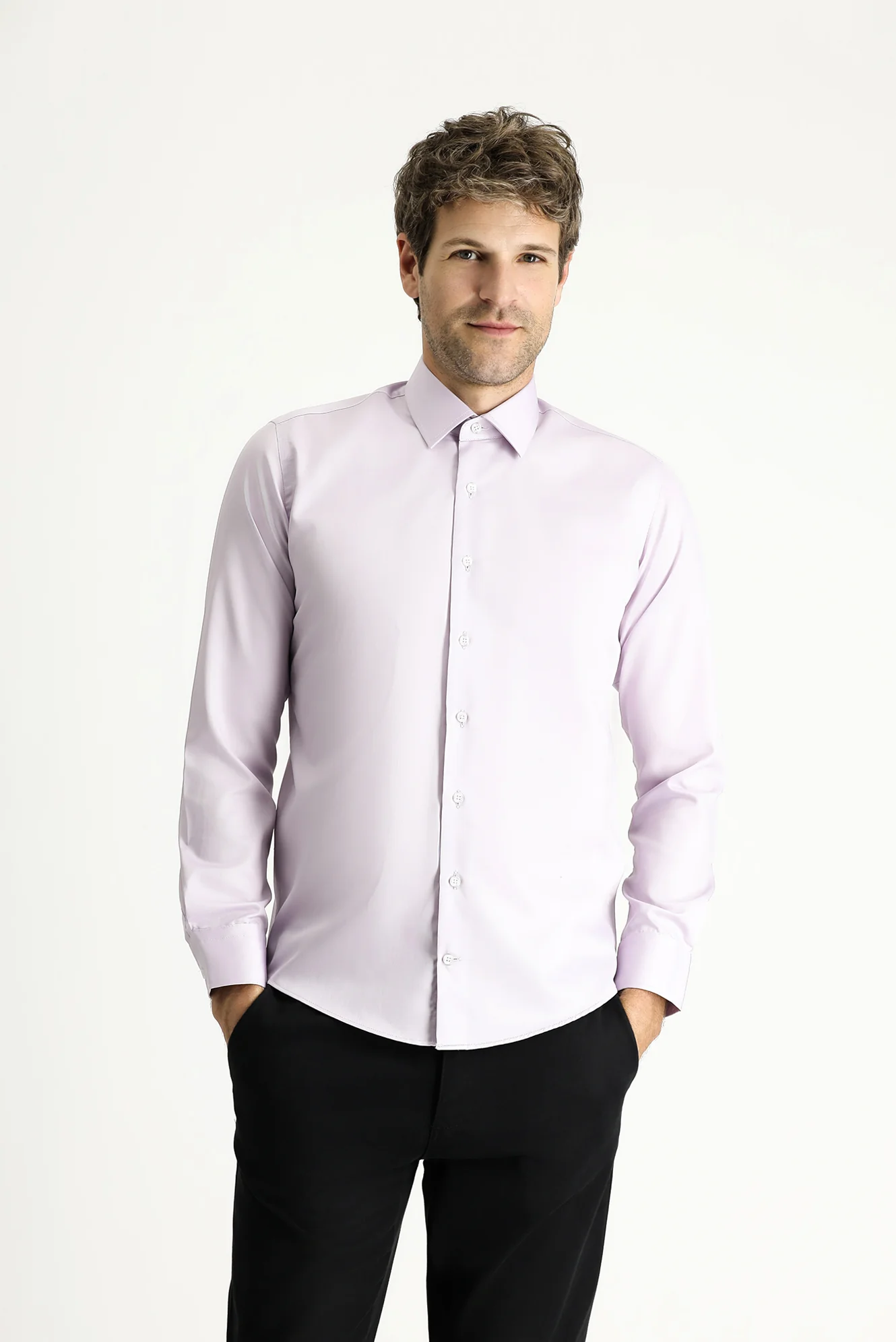 Lila Uzun Kol Slim Fit Dar Kesim Klasik Non Iron Saten Pamuklu Gömlek - Image 4