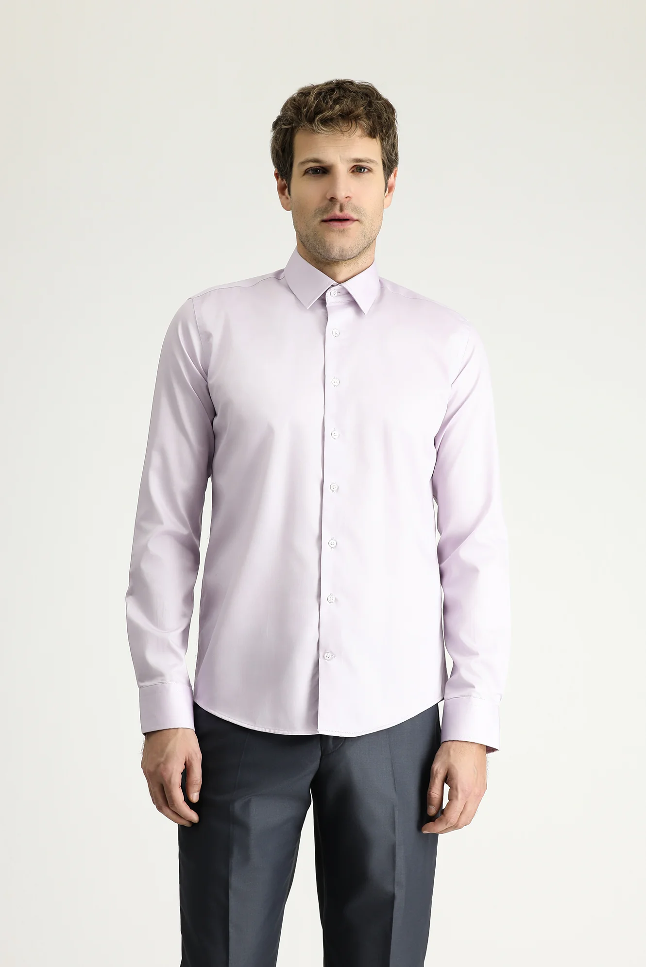 Lila Uzun Kol Slim Fit Dar Kesim Klasik Non Iron Saten Pamuklu Gömlek - Image 3