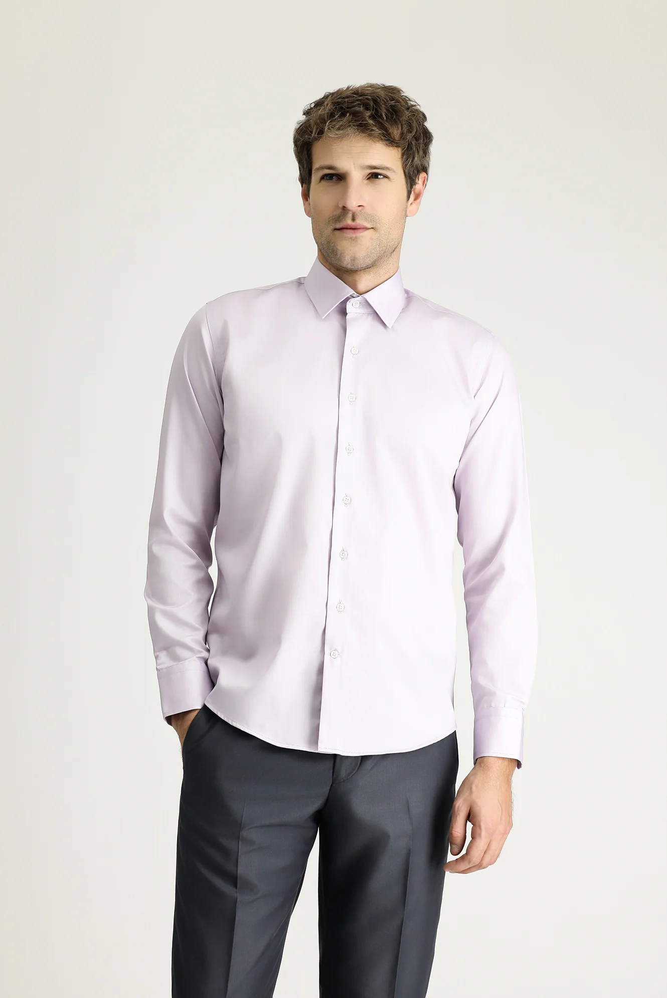 Lila Uzun Kol Slim Fit Dar Kesim Klasik Non Iron Saten Pamuklu Gömlek - Image 3