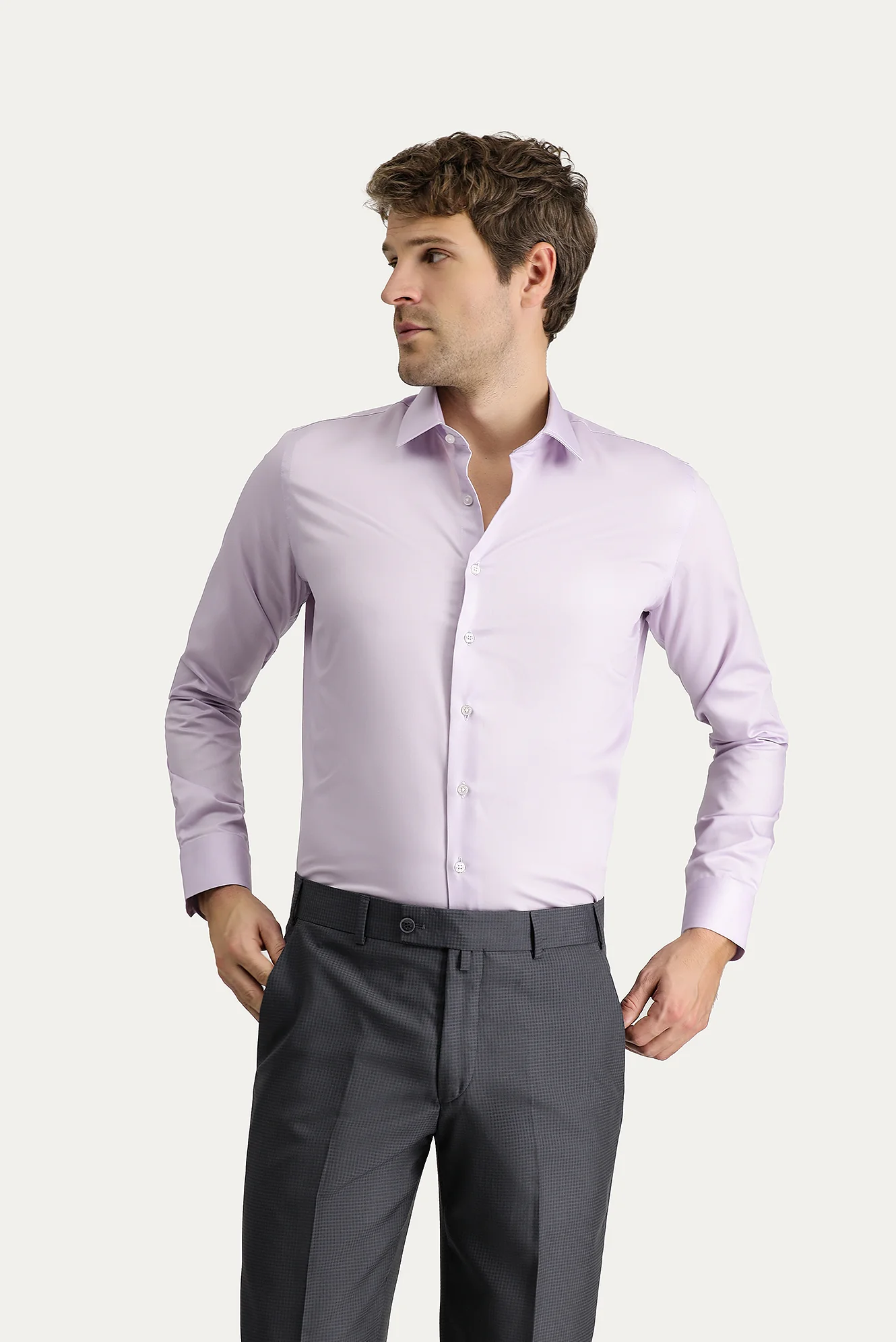 Lila Uzun Kol Slim Fit Dar Kesim Non Iron Klasik Pamuklu Gömlek