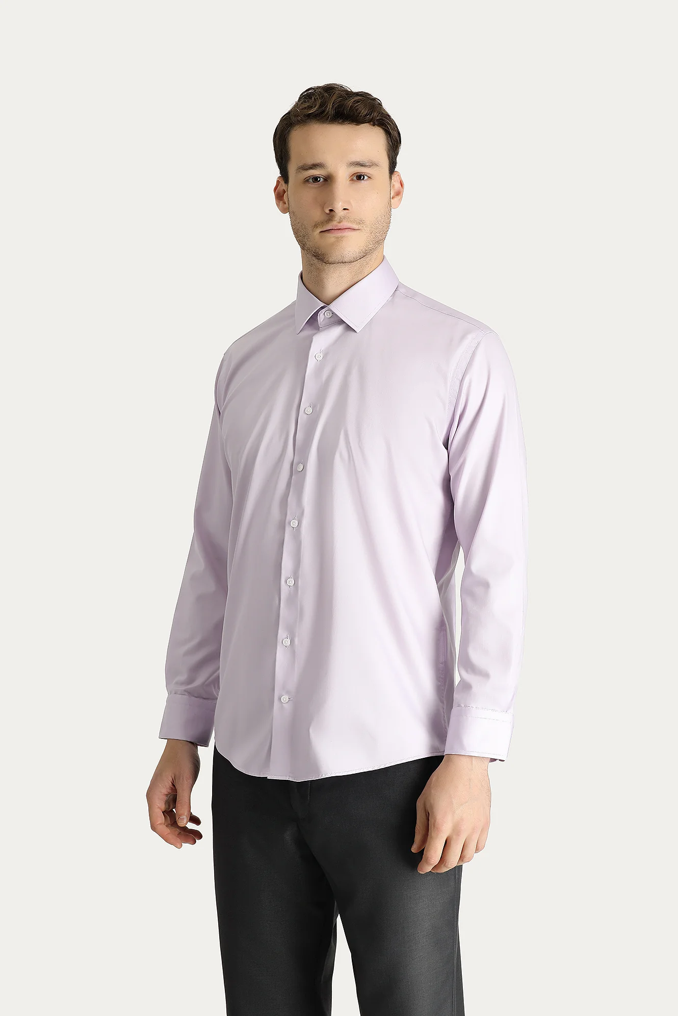 Lila Uzun Kol Slim Fit Dar Kesim Non Iron Saten Pamuklu Gömlek - Image 3