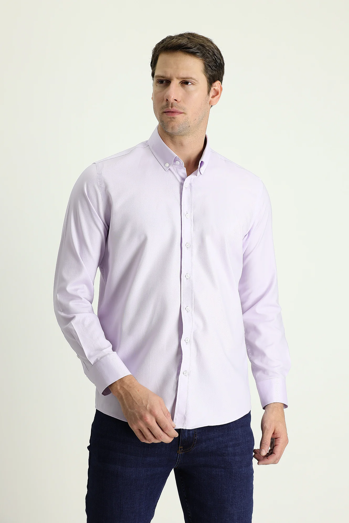 Lila Uzun Kol Slim Fit Dar Kesim Oxford Pamuk Düğmeli Yaka Gömlek - Image 2