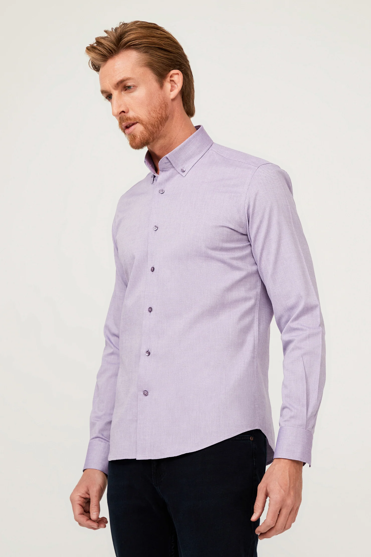 Lila Uzun Kol Slim Fit Dar Kesim Pamuk Gömlek