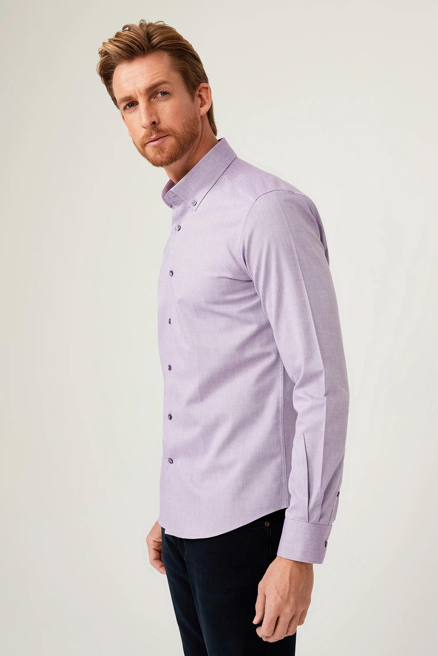 Lila Uzun Kol Slim Fit Dar Kesim Pamuk Gömlek - Image 2