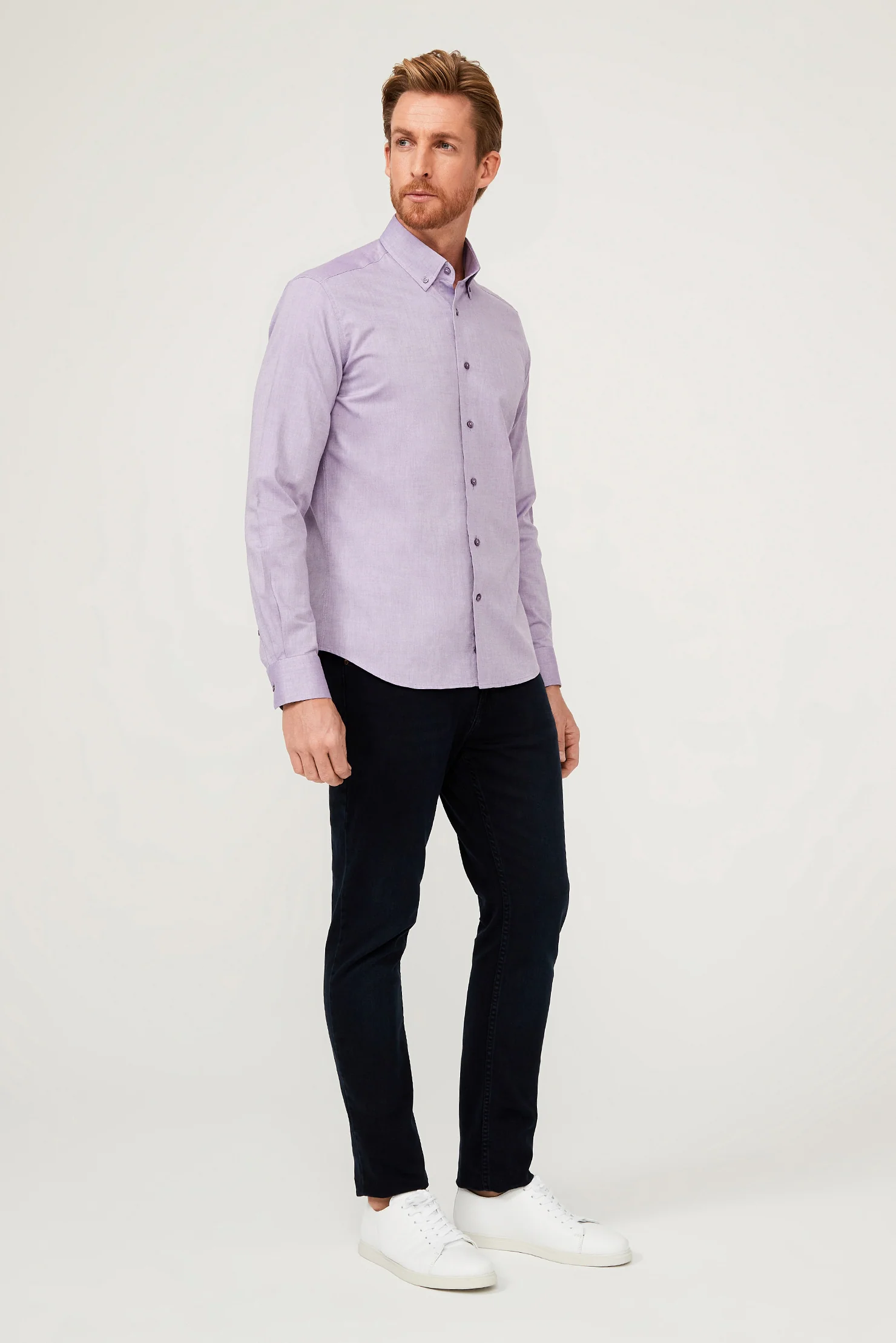 Lila Uzun Kol Slim Fit Dar Kesim Pamuk Gömlek - Image 3