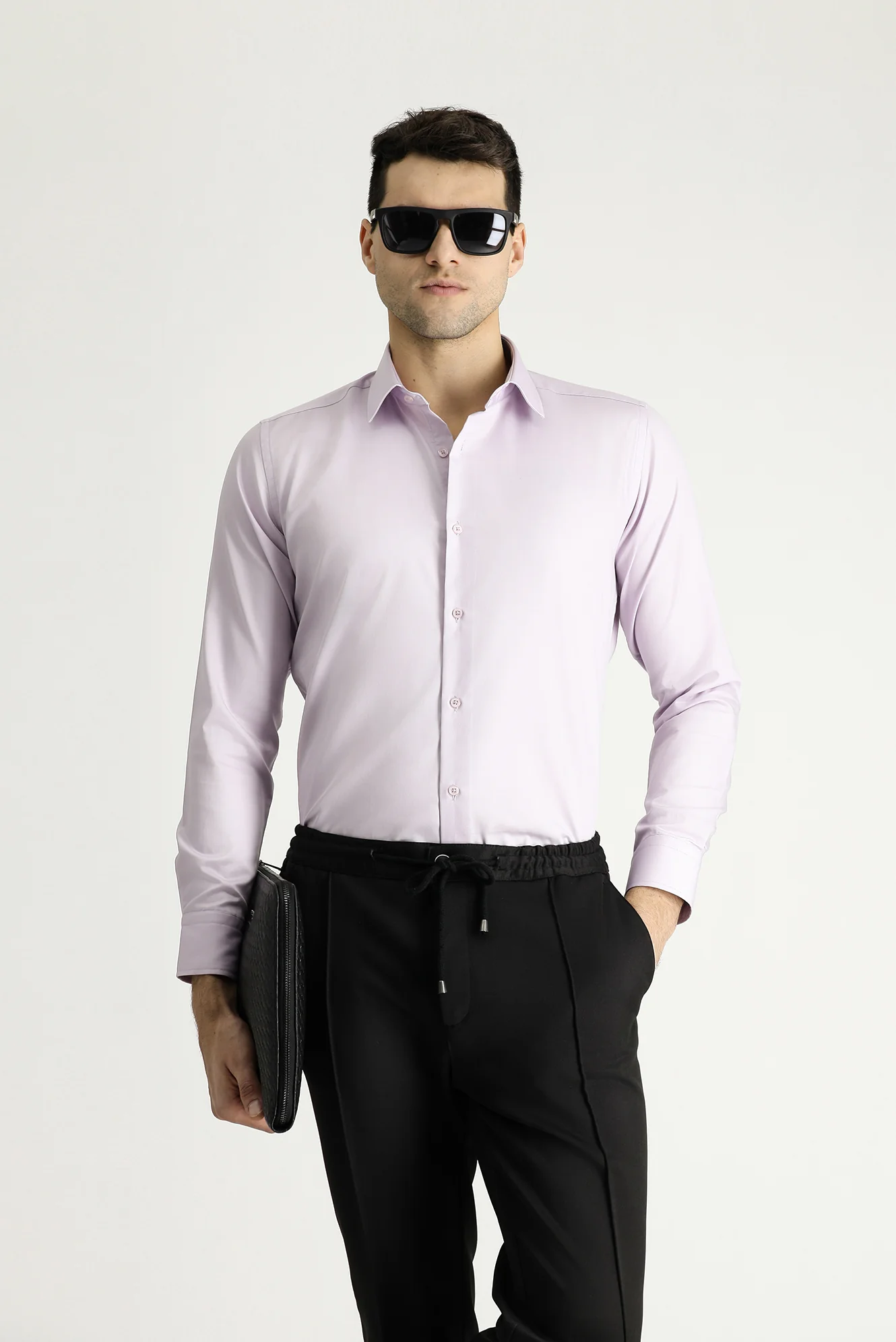 Lila Uzun Kol Slim Fit Dar Kesim Pamuklu Non Iron Ütü Gerektirmeyen Saten Klasik Gömlek