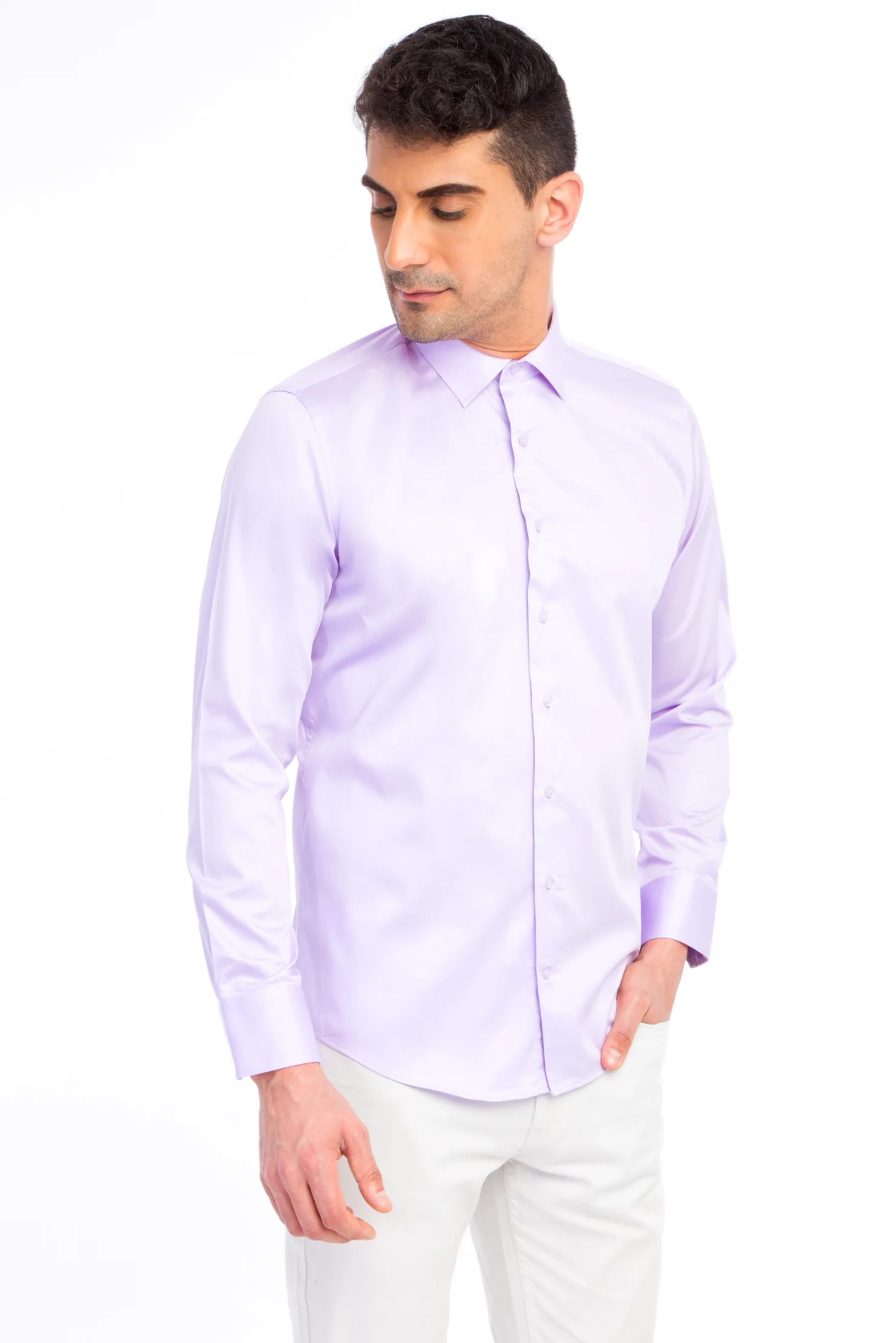 Lila Uzun Kol Slim Fit Dar Kesim Saten Pamuk Gömlek