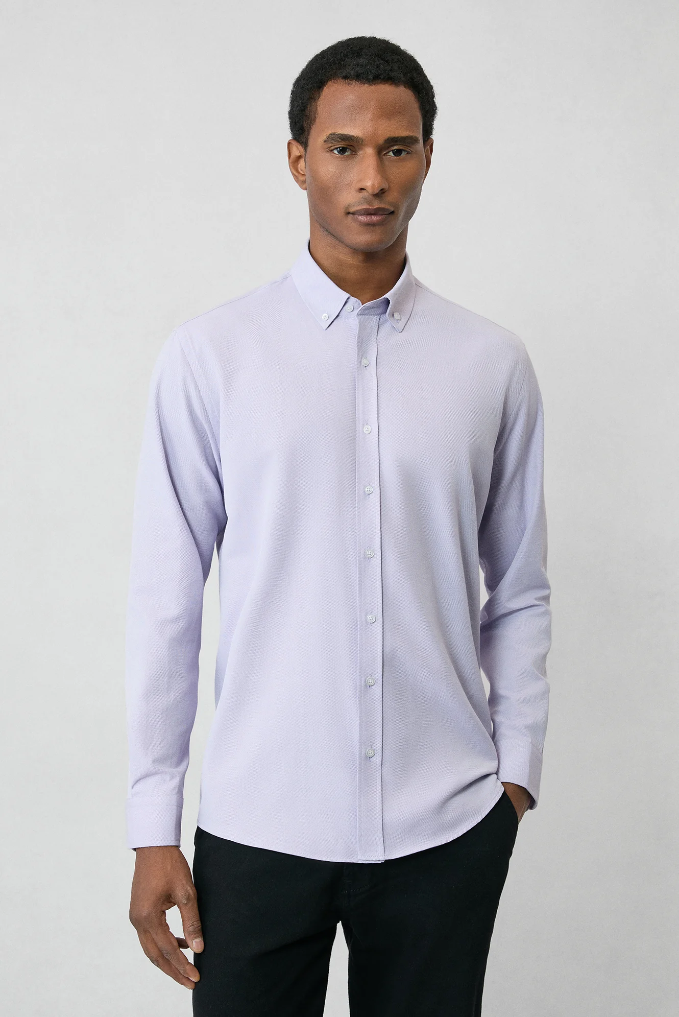 Lila Uzun Kol Slim Fit Düğmeli Yaka Pamuklu Kolay Ütülenebilir 4 Mevsim Oxford Gömlek - Image 4