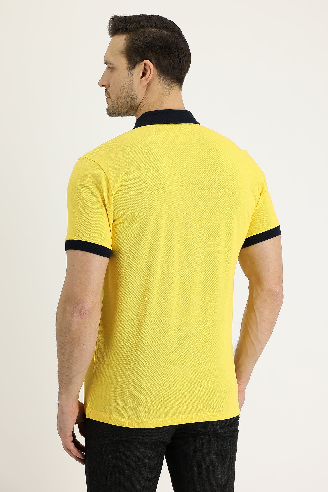 Limon Sarı Polo Yaka Slim Fit Dar Kesim Desenli Pamuk Tişört - Image 2