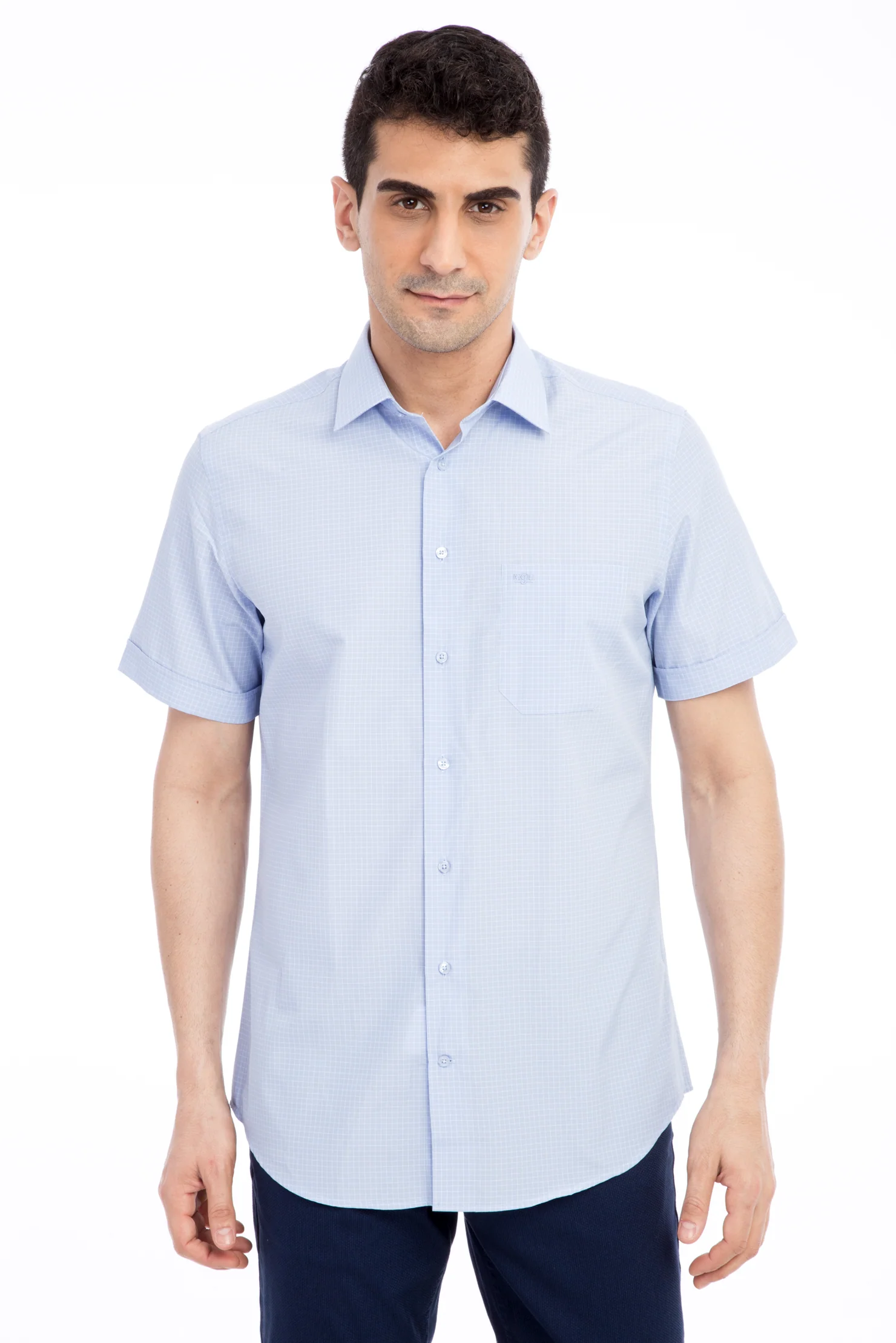 Mavi Kısa Kol Regular Fit Kareli Gömlek - Image 2