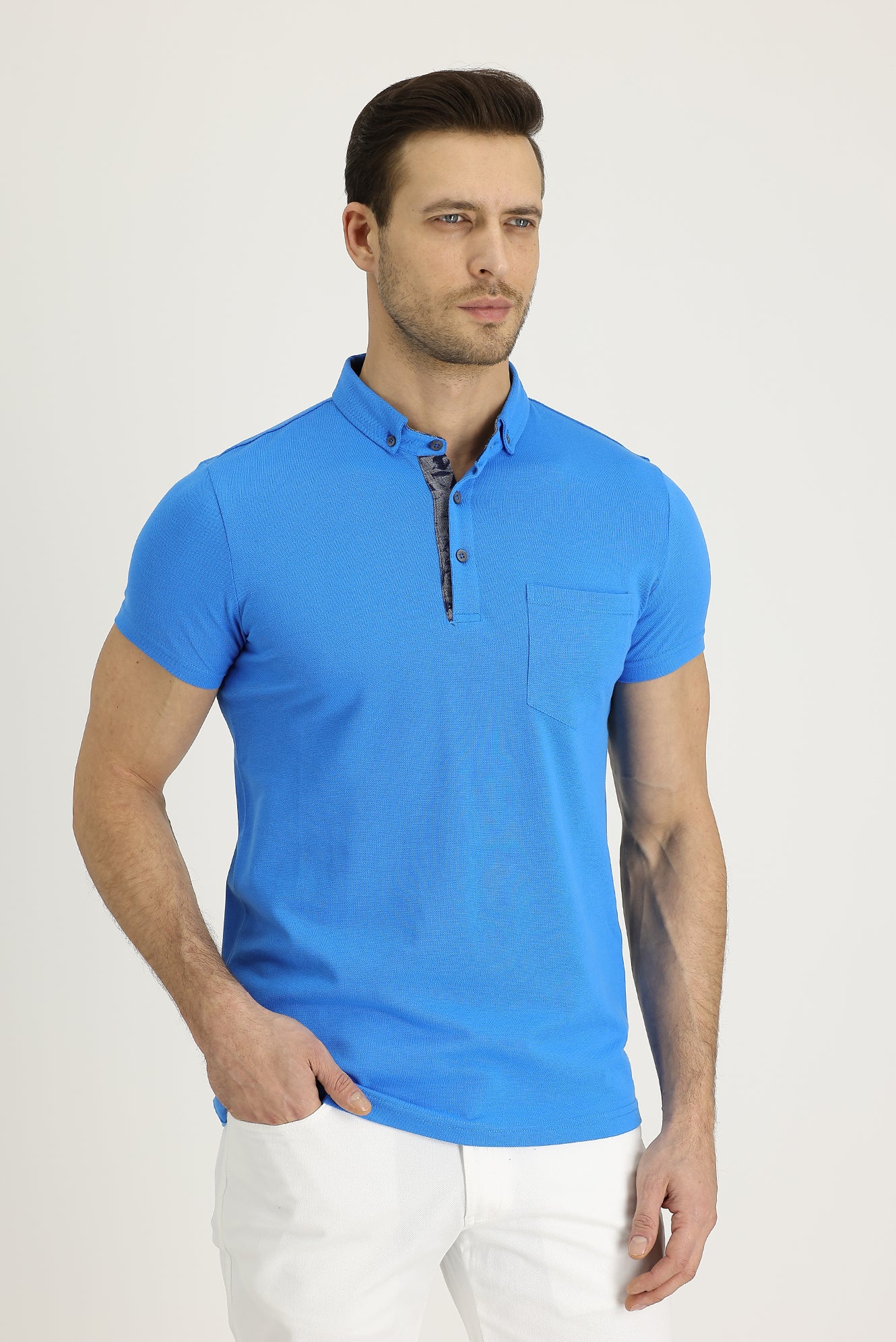 Mavi Polo Yaka Slim Fit Dar Kesim Desenli Pamuk Tişört - Image 2