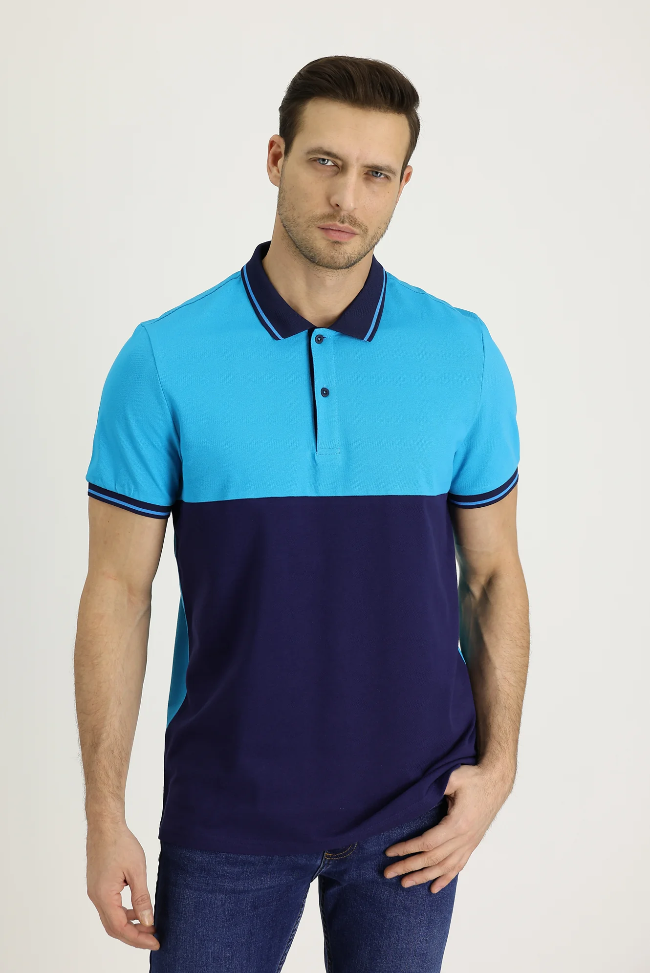 Mavi Polo Yaka Slim Fit Dar Kesim Desenli Pamuk Tişört - Image 2