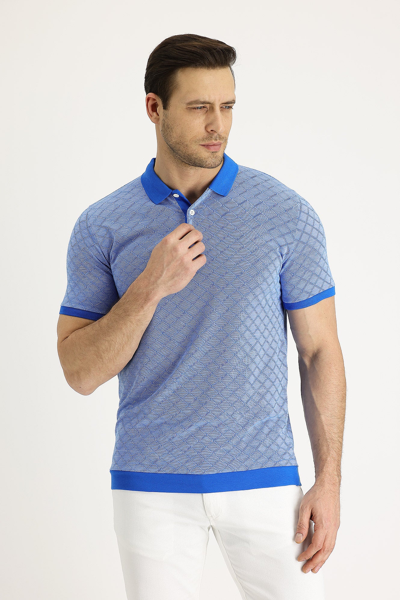 Mavi Polo Yaka Slim Fit Dar Kesim Desenli Tişört - Image 2