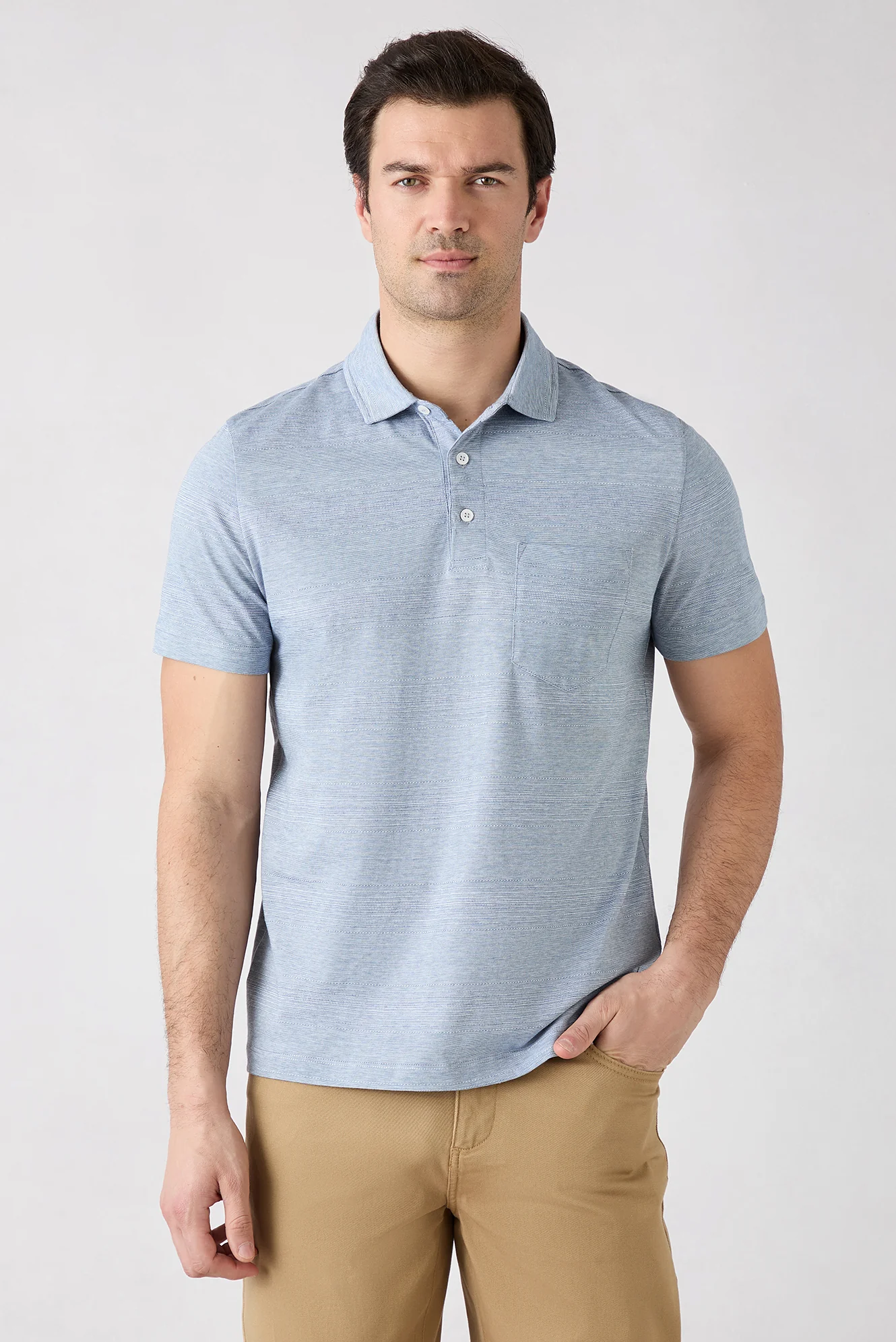 Mavi Regular Fit Düğmeli Polo Yaka Cepli Desenli %100 Pamuk Nefes Alabilen Merserize Tişört