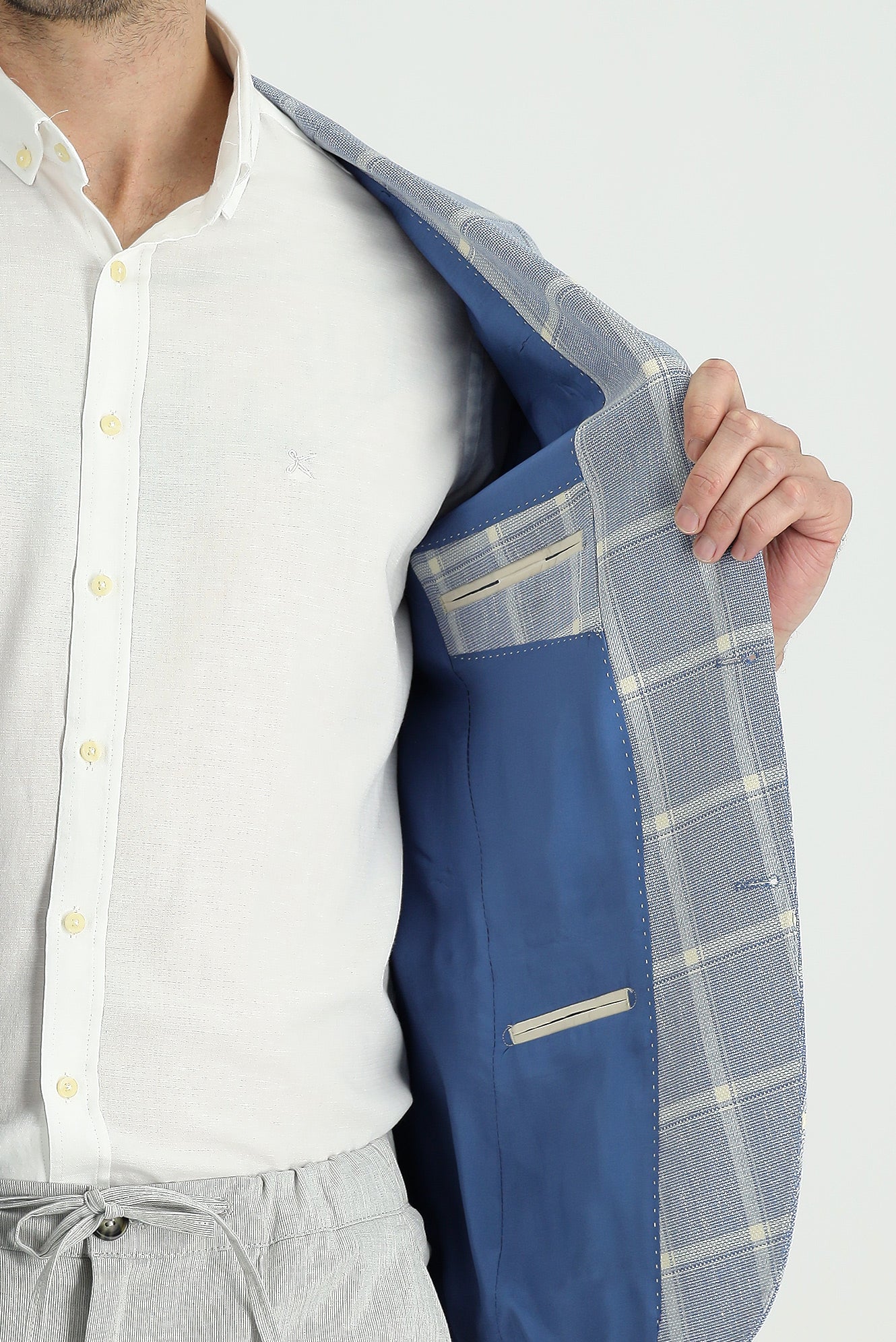 Mavi 4 Drop Relaxed Fit Rahat Kesim Ekose Keten Karışımlı Ceket - Image 4