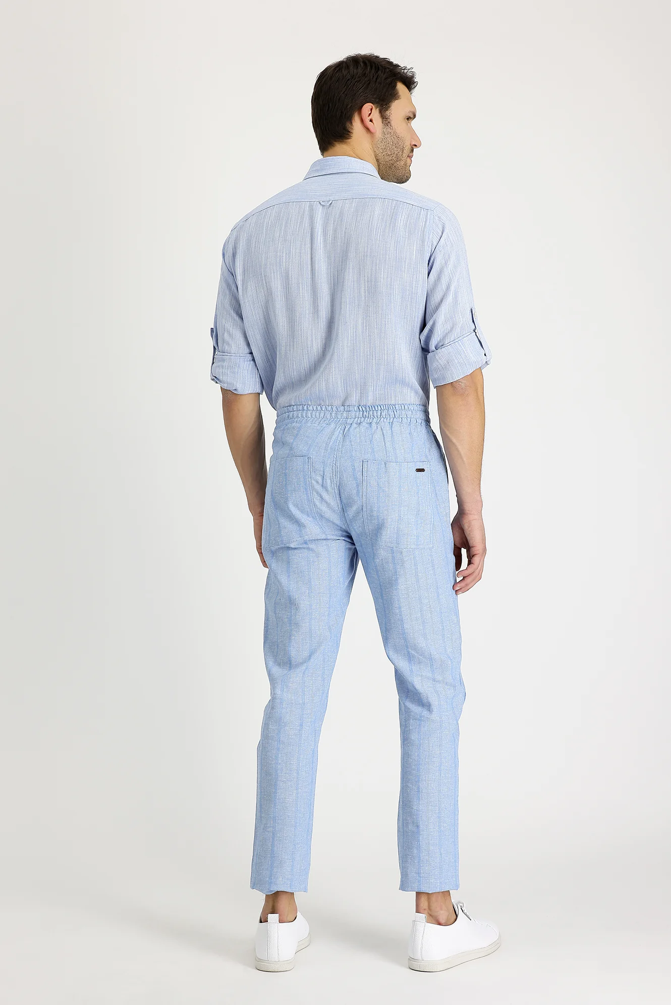 Mavi Slim Fit Dar Kesim Beli Lastikli İpli Çizgili Keten Karışımlı Pantolon - Image 2