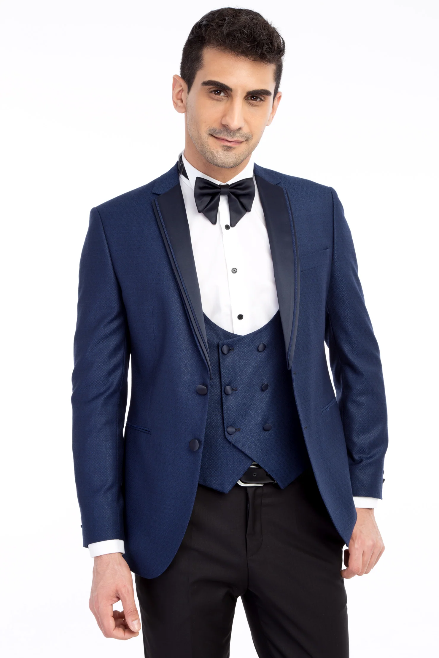Mavi 7 Drop Slim Fit Dar Kesim Mono Yaka Desenli Yelekli Smokin & Damatlık - Image 2