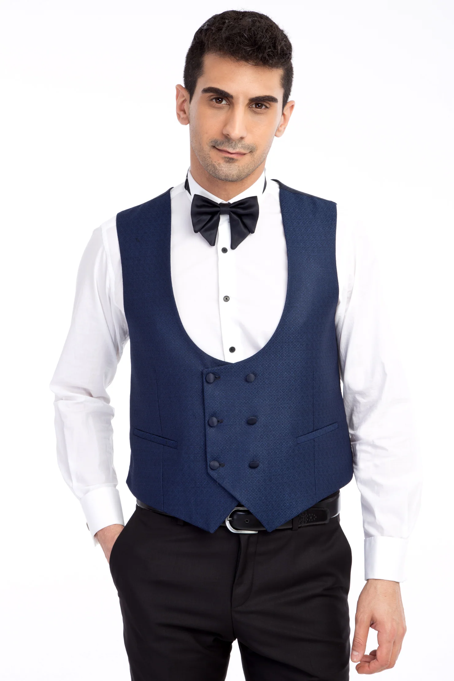 Mavi 7 Drop Slim Fit Dar Kesim Mono Yaka Desenli Yelekli Smokin & Damatlık - Image 4
