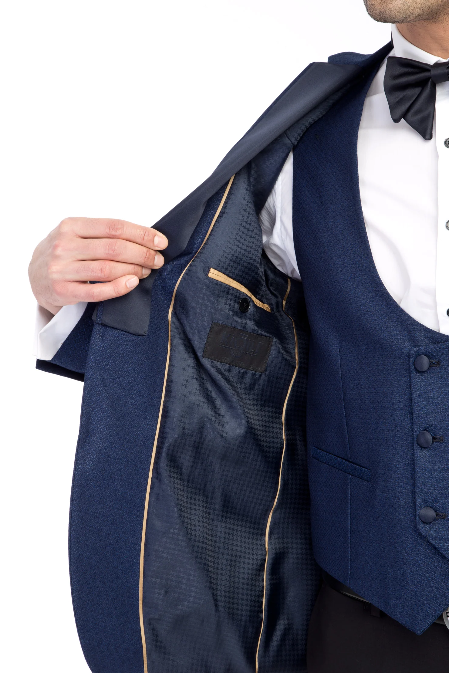 Mavi 7 Drop Slim Fit Dar Kesim Mono Yaka Desenli Yelekli Smokin & Damatlık - Image 6
