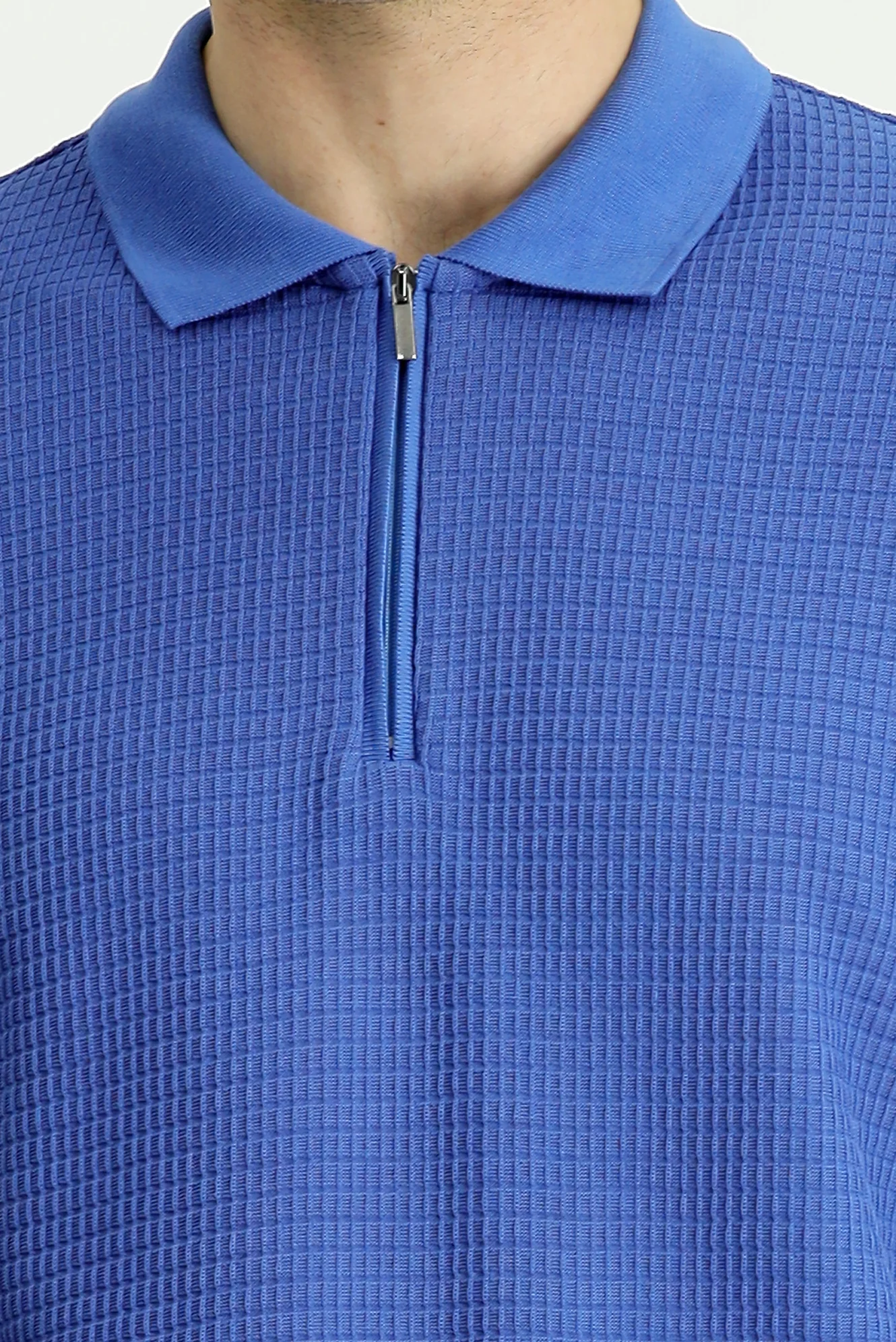 Mavi Slim Fit Dar Kesim Pamuk Desenli Fermuarlı Polo Yaka Tişört - Image 5