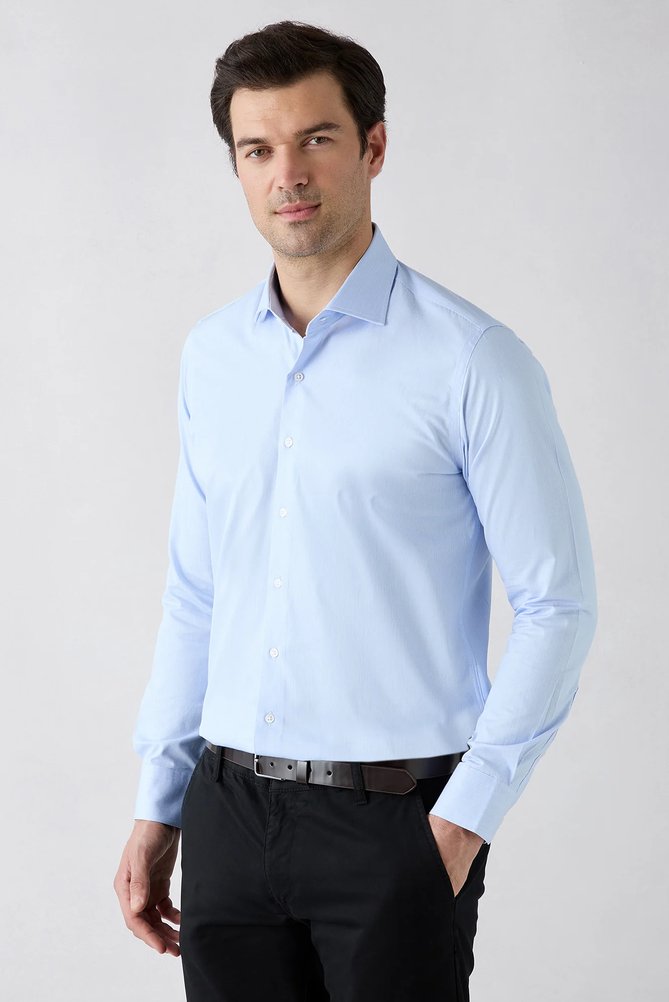 Mavi Uzun Kol Klasik İtalyan Yaka Çizgili Slim Fit Dar Kesim Nefes Alabilen Pamuk Gömlek - Image 3
