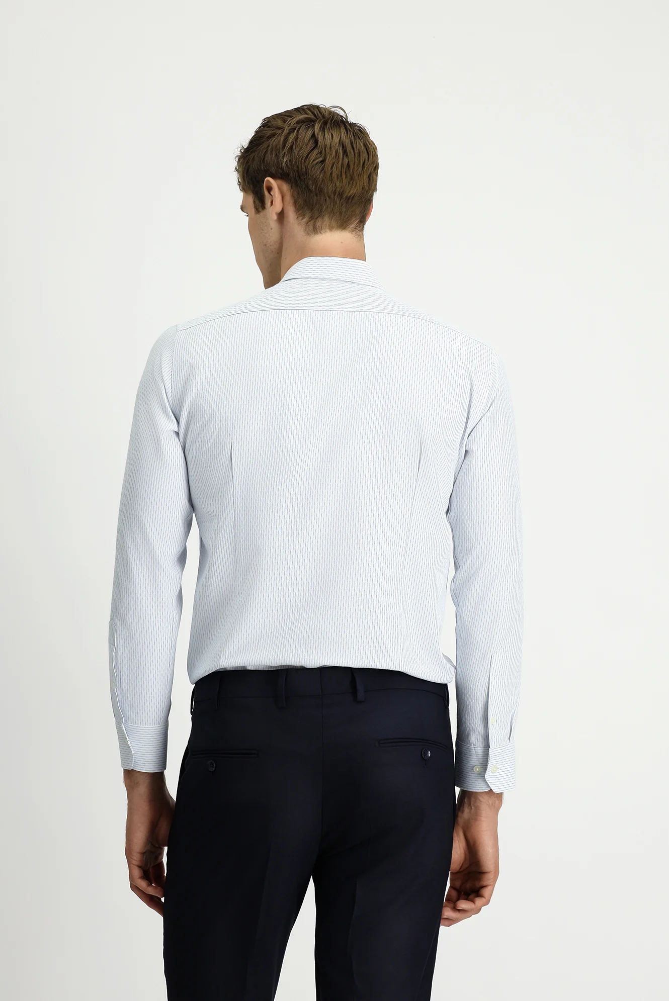 Mavi Uzun Kol Slim Fit Dar Kesim Çizgili Pamuklu Kolay Ütülenebilir Düğmeli Yaka Gömlek - Image 4