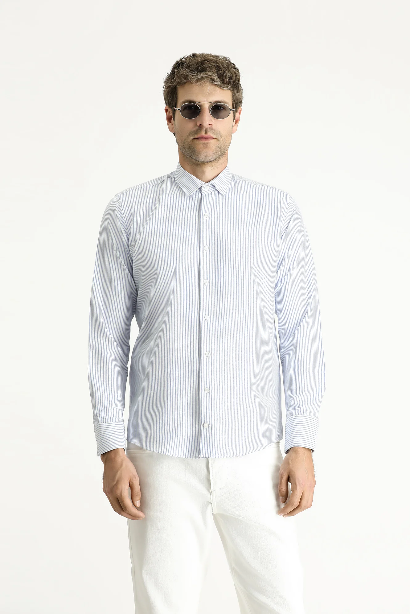 Mavi Uzun Kol Slim Fit Dar Kesim Çizgili Pamuklu Kolay Ütülenebilir Gömlek - Image 4