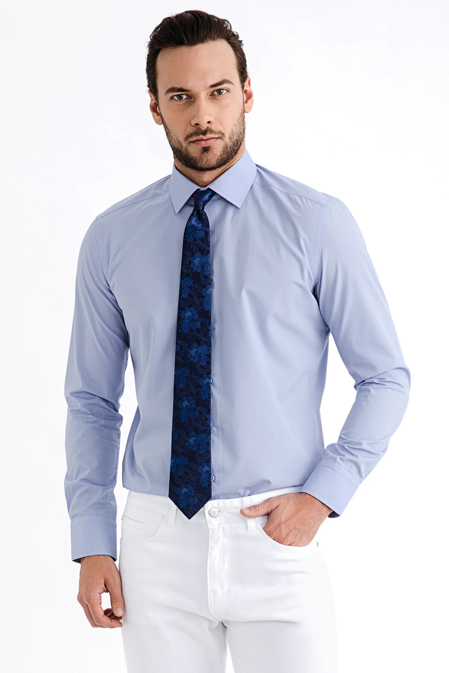 Mavi Uzun Kol Slim Fit Dar Kesim Gömlek