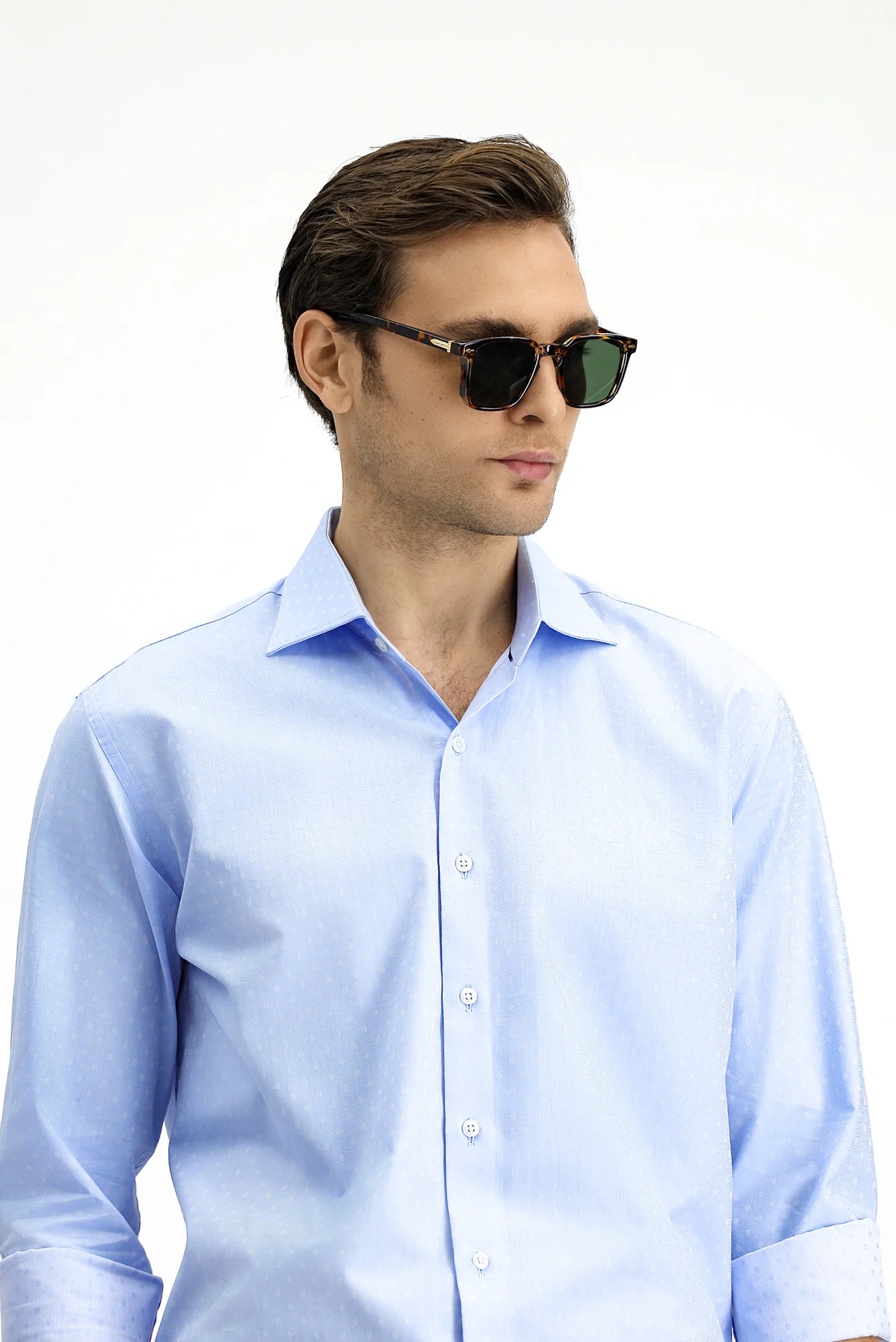 Mavi Uzun Kol Slim Fit Dar Kesim Klasik Desenli Pamuk Gömlek - Image 3