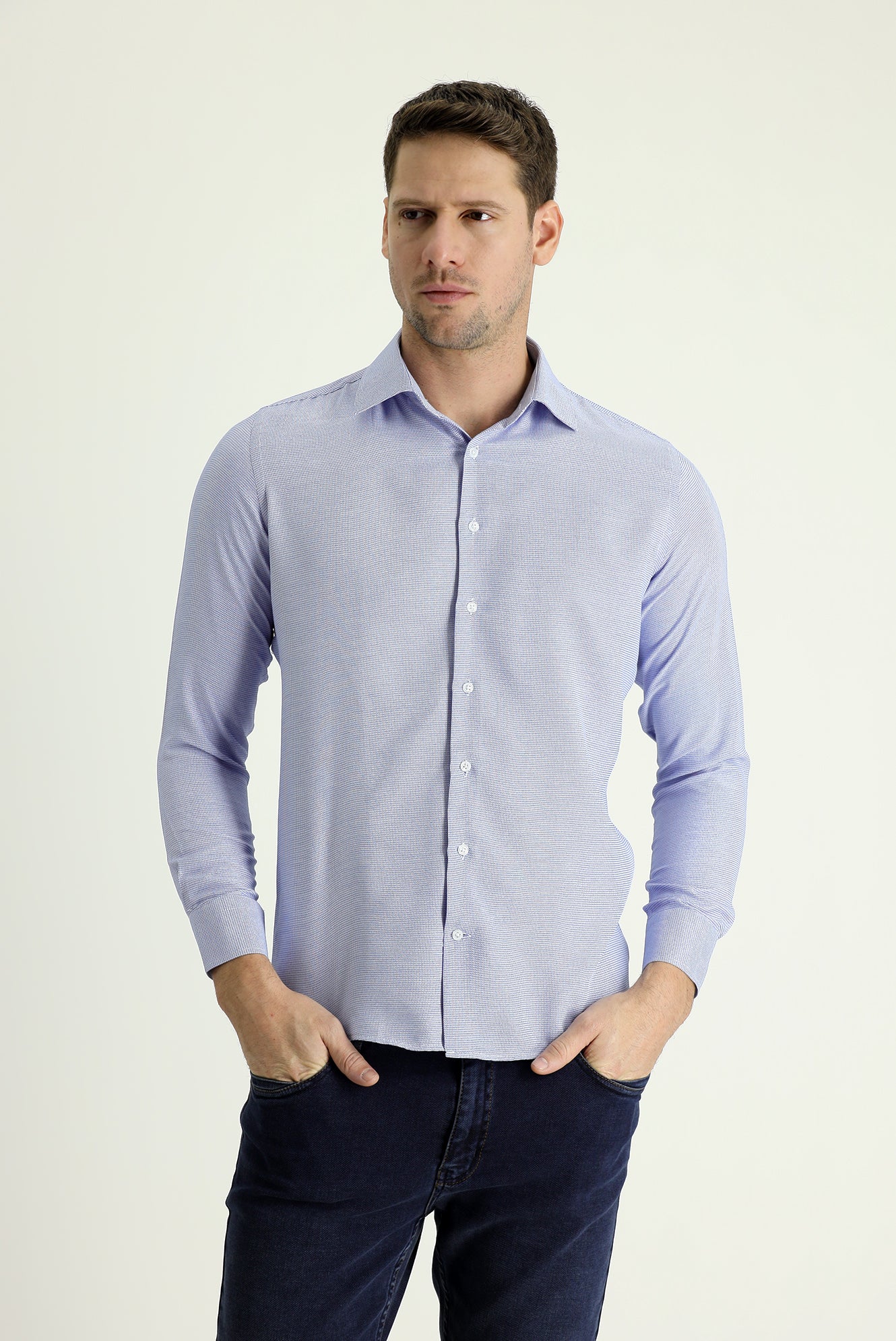 Mavi Uzun Kol Slim Fit Dar Kesim Klasik Desenli Pamuklu Kolay Ütülenebilir Gömlek