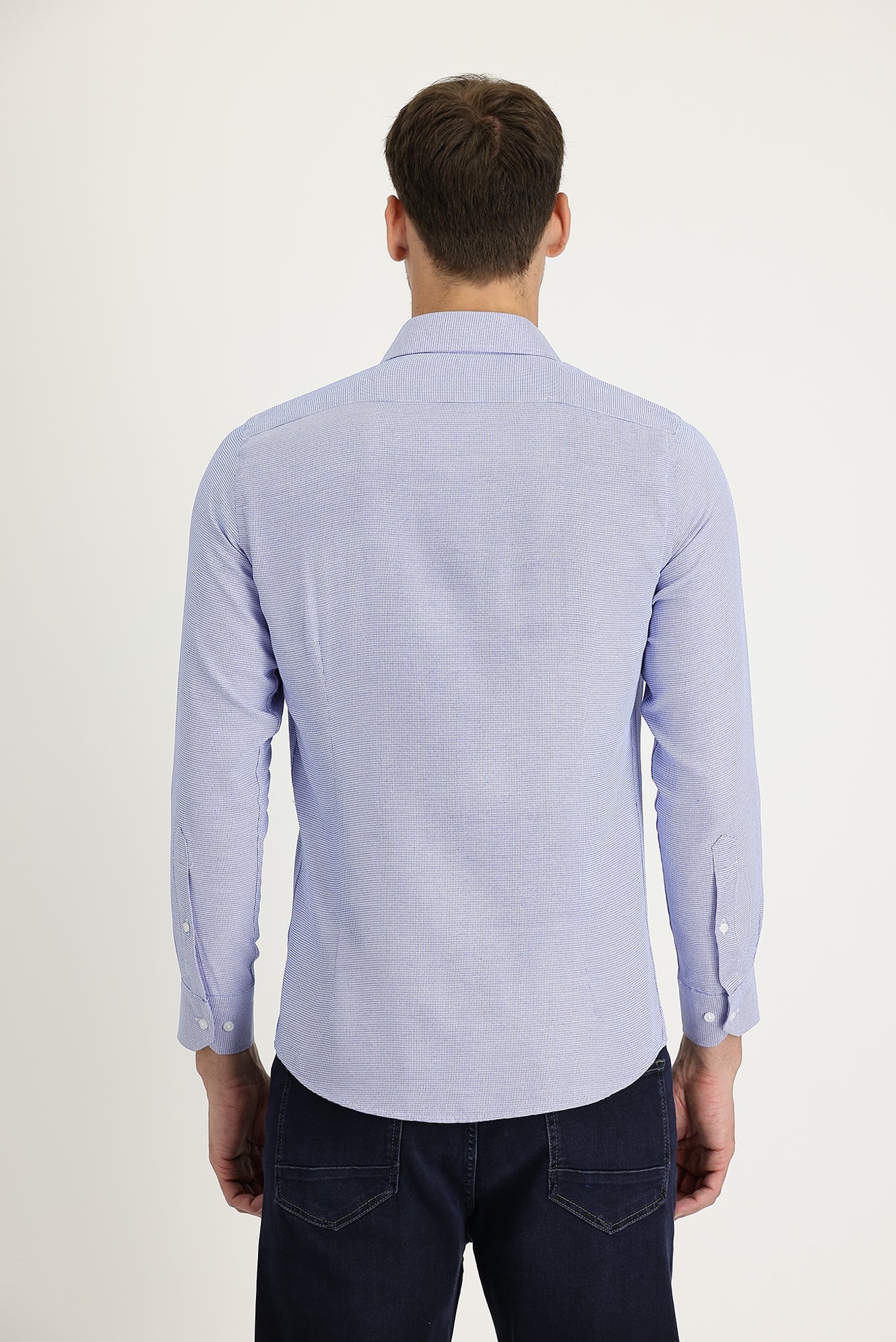 Mavi Uzun Kol Slim Fit Dar Kesim Klasik Desenli Pamuklu Kolay Ütülenebilir Gömlek - Image 6