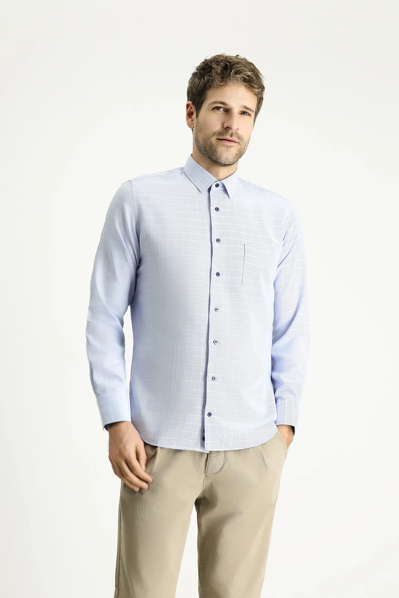Mavi Uzun Kol Slim Fit Dar Kesim Non Iron Ekose Pamuklu Gömlek - Image 3