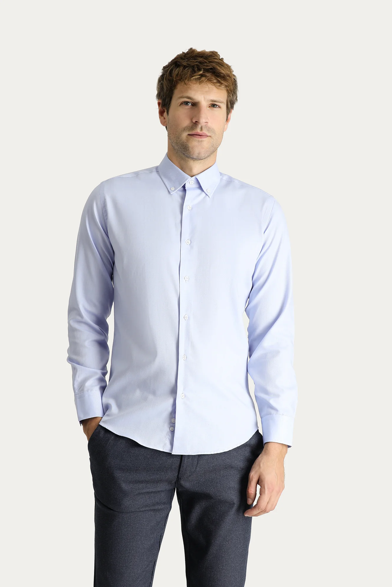 Mavi Uzun Kol Slim Fit Dar Kesim Non Iron Oxford Pamuklu Gömlek - Image 3