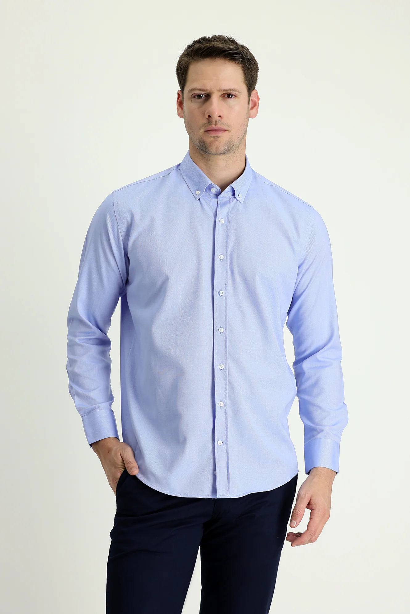 Mavi Uzun Kol Slim Fit Dar Kesim Oxford Pamuk Düğmeli Yaka Gömlek - Image 2