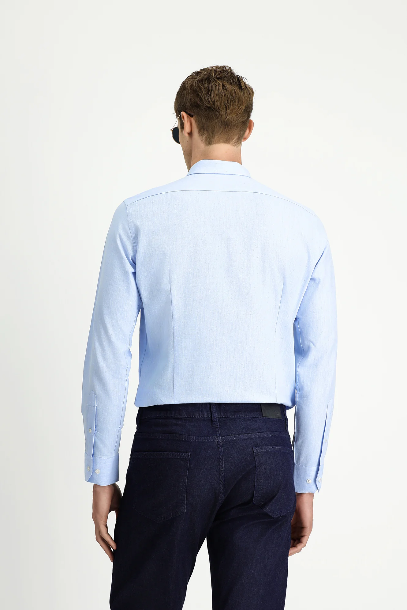 Mavi Uzun Kol Slim Fit Dar Kesim Pamuklu Keten Düğmeli Yaka Gömlek - Image 5