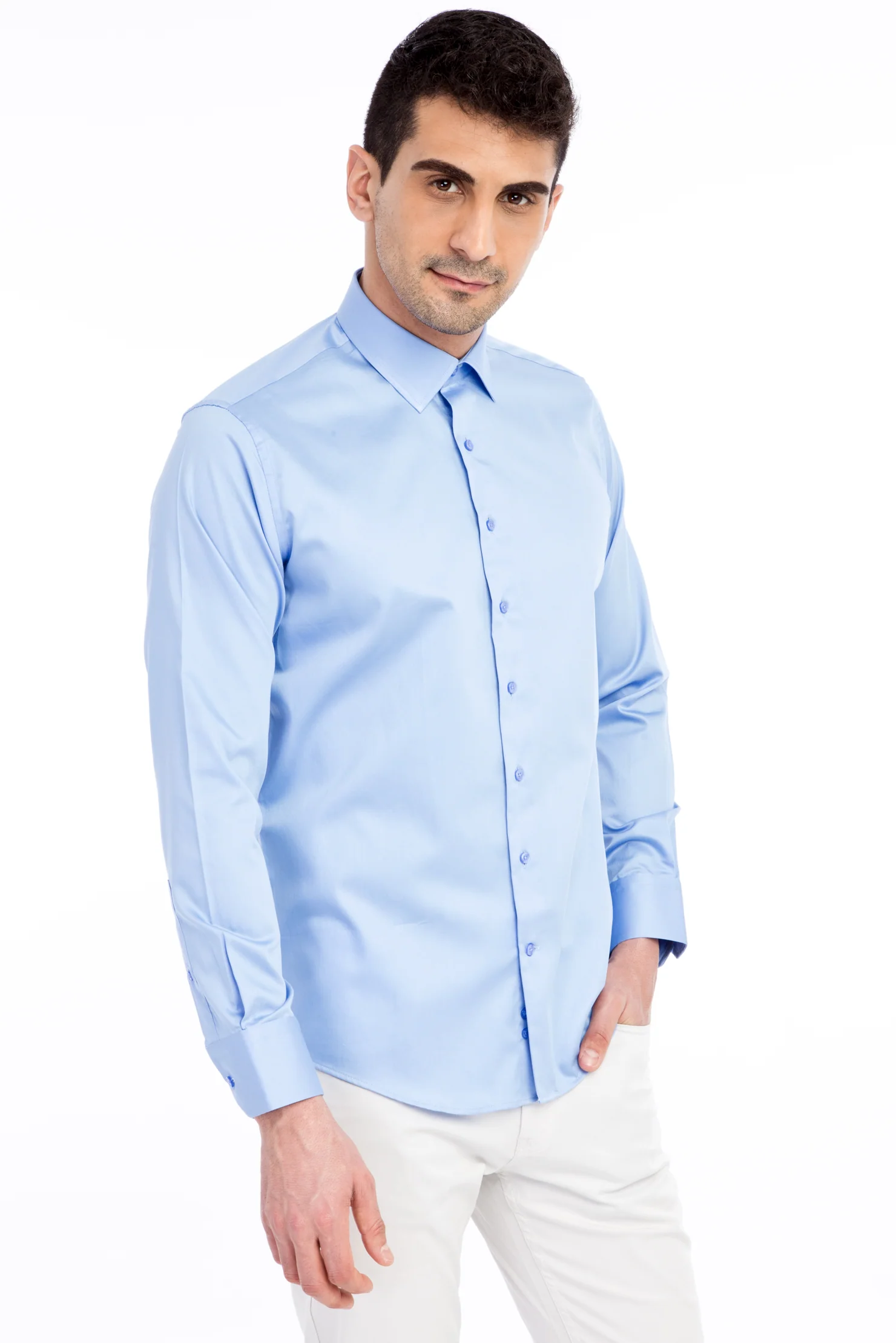 Mavi Uzun Kol Slim Fit Dar Kesim Saten Pamuk Gömlek