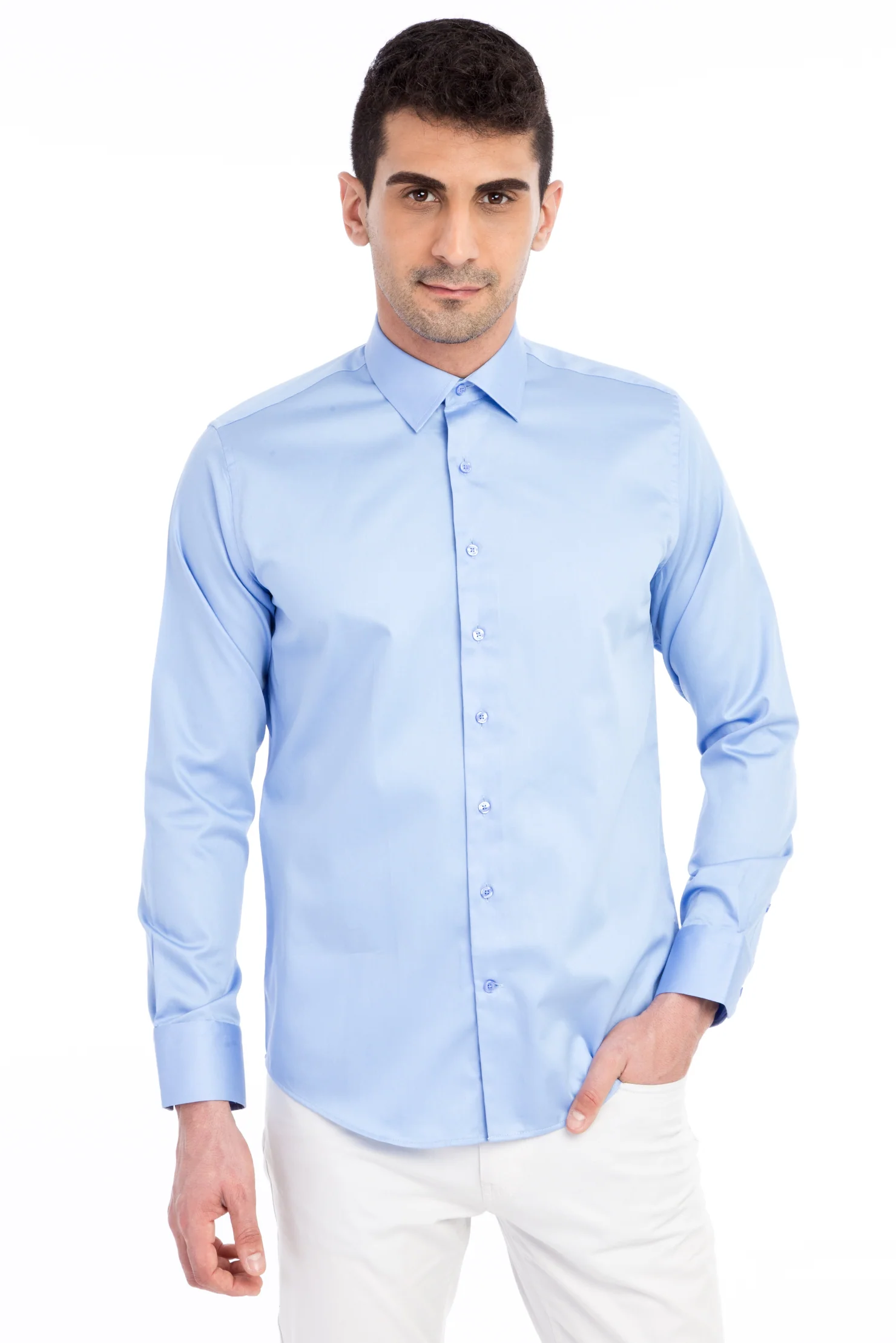 Mavi Uzun Kol Slim Fit Dar Kesim Saten Pamuk Gömlek - Image 2
