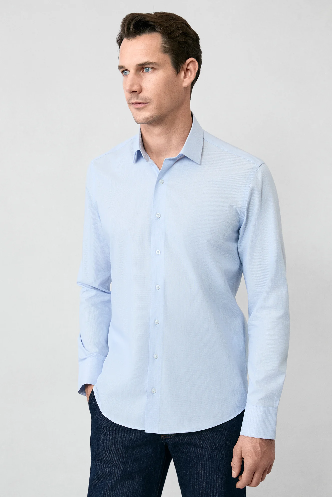Mavi Uzun Kol Slim Fit Dar Kesim Pamuk Klasik Çizgili Gömlek