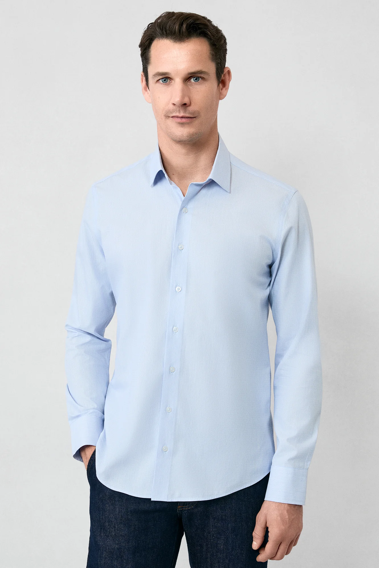 Mavi Uzun Kol Slim Fit Dar Kesim Pamuk Klasik Çizgili Gömlek - Image 2