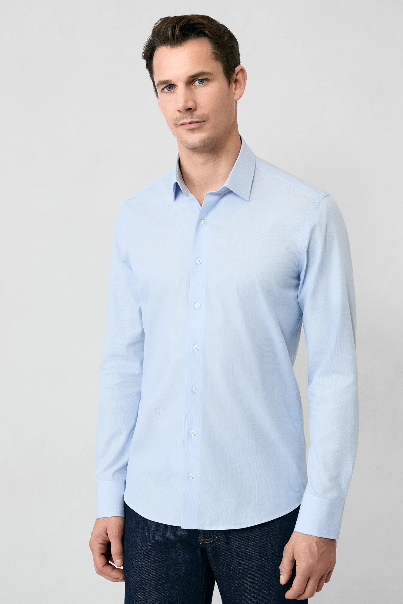 Mavi Uzun Kol Slim Fit Dar Kesim Pamuk Klasik Çizgili Gömlek - Image 3