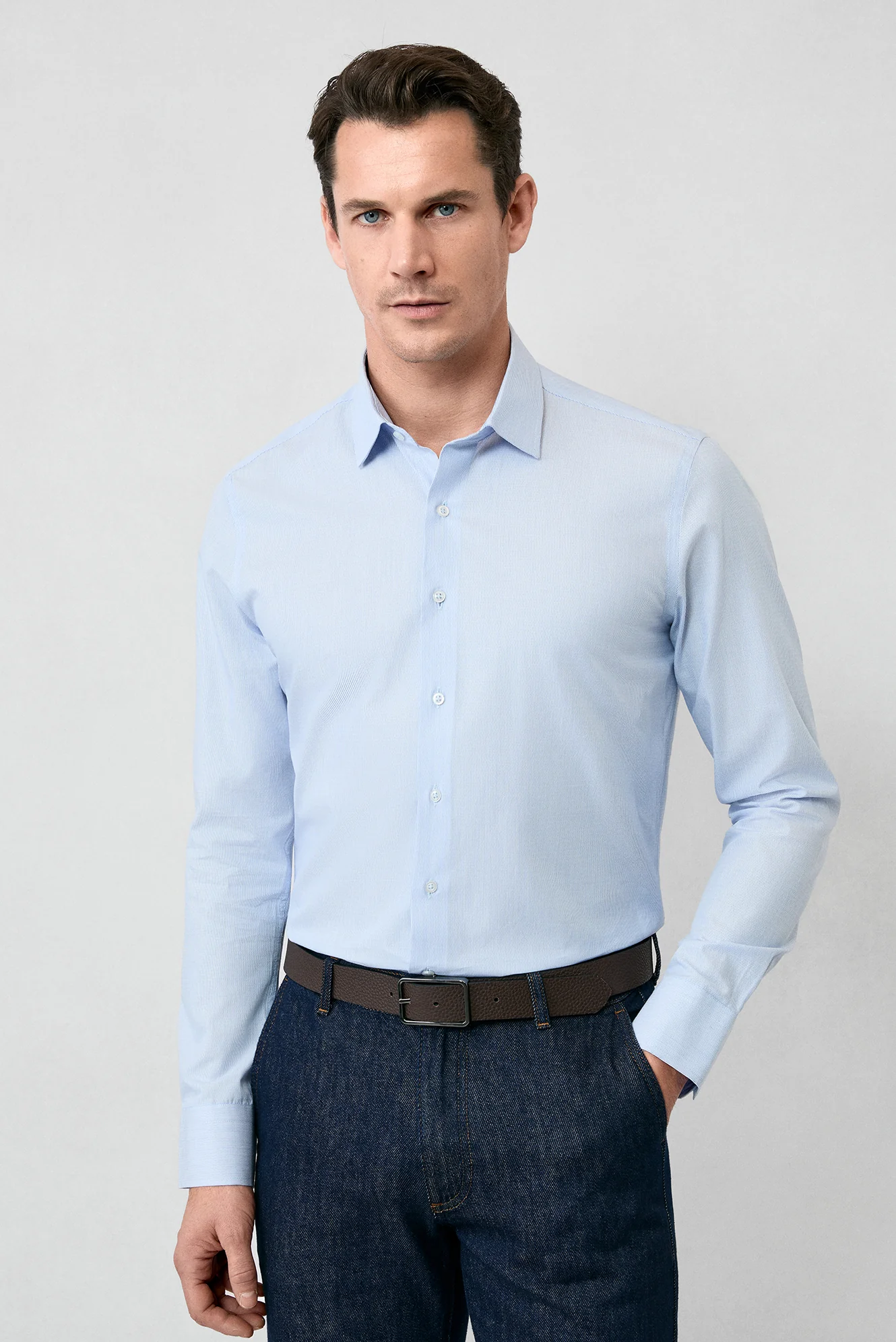 Mavi Uzun Kol Slim Fit Dar Kesim Pamuk Klasik Çizgili Gömlek - Image 5
