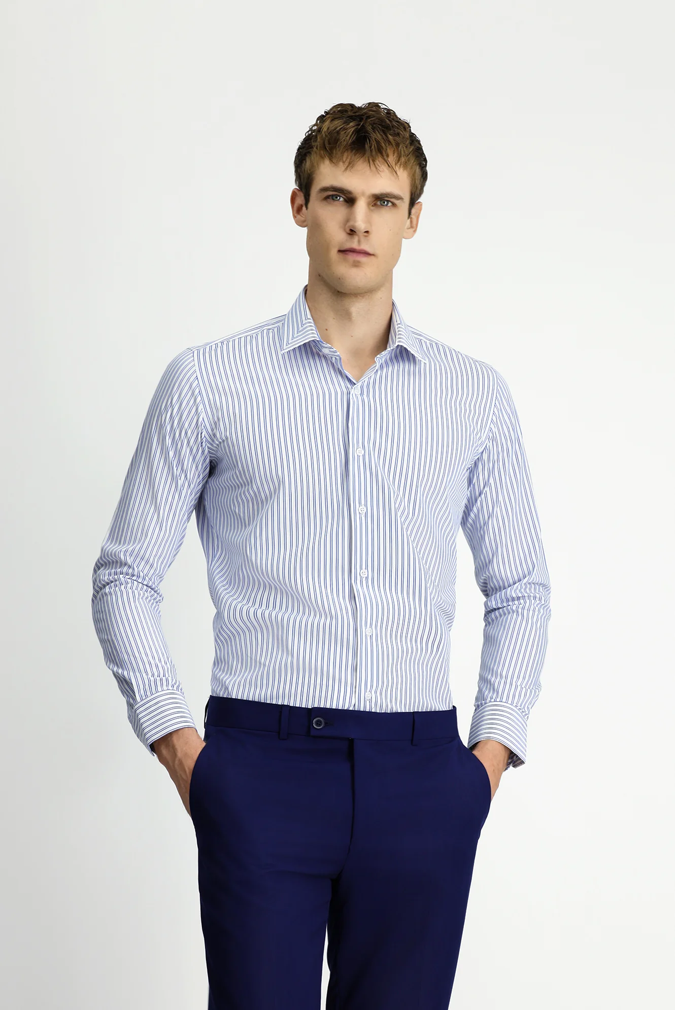 Mavi Uzun Kol Klasik Slim Fit Dar Kesim Pamuklu Kolay Ütülenebilir Çizgili Gömlek