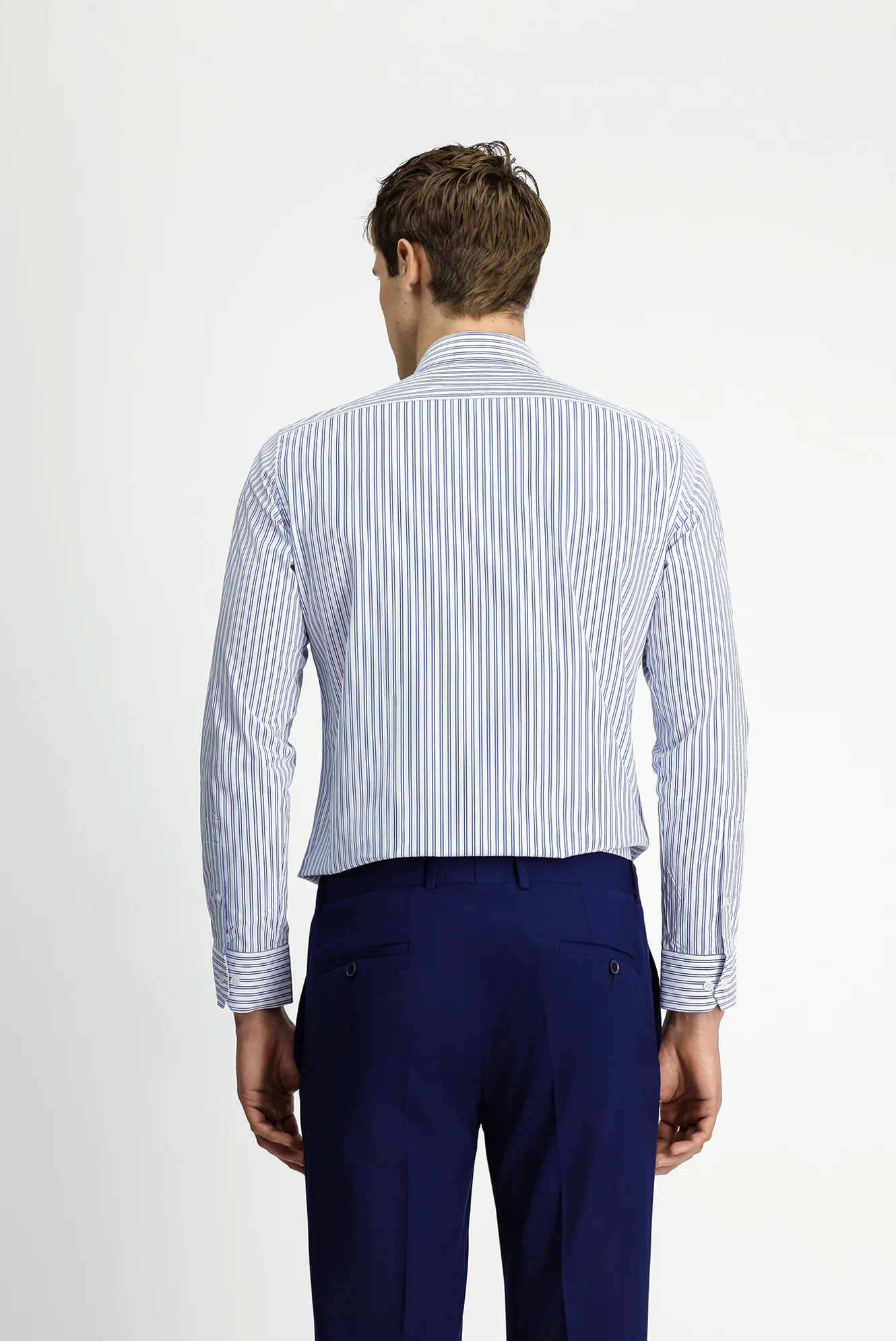 Mavi Uzun Kol Klasik Slim Fit Dar Kesim Pamuklu Kolay Ütülenebilir Çizgili Gömlek - Image 6