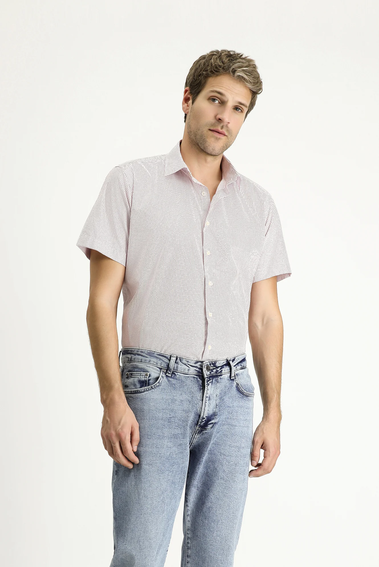 Mercan Kırmızı Kısa Kol Slim Fit Dar Kesim Baskılı Pamuk Gömlek