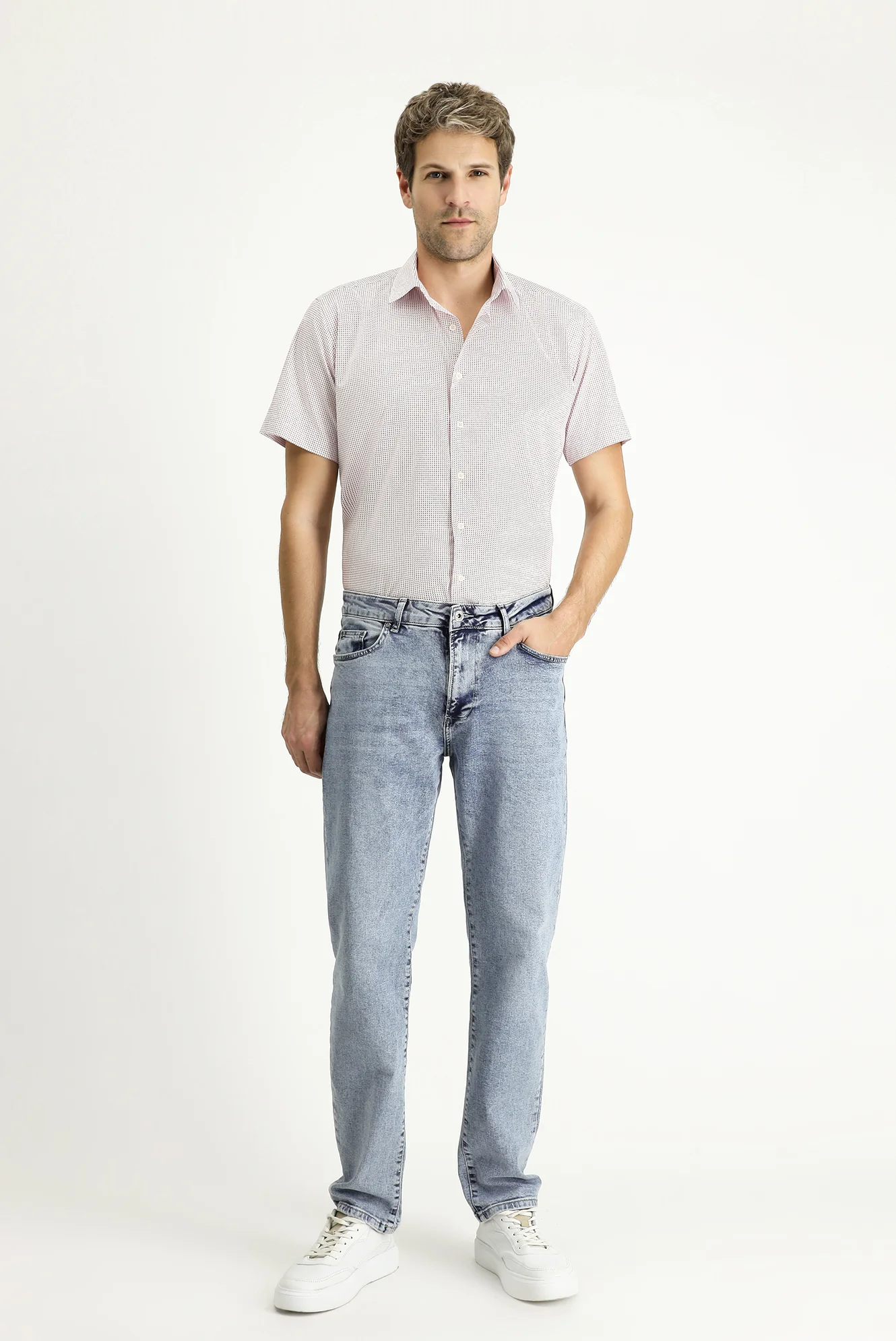 Mercan Kırmızı Kısa Kol Slim Fit Dar Kesim Baskılı Pamuk Gömlek - Image 2