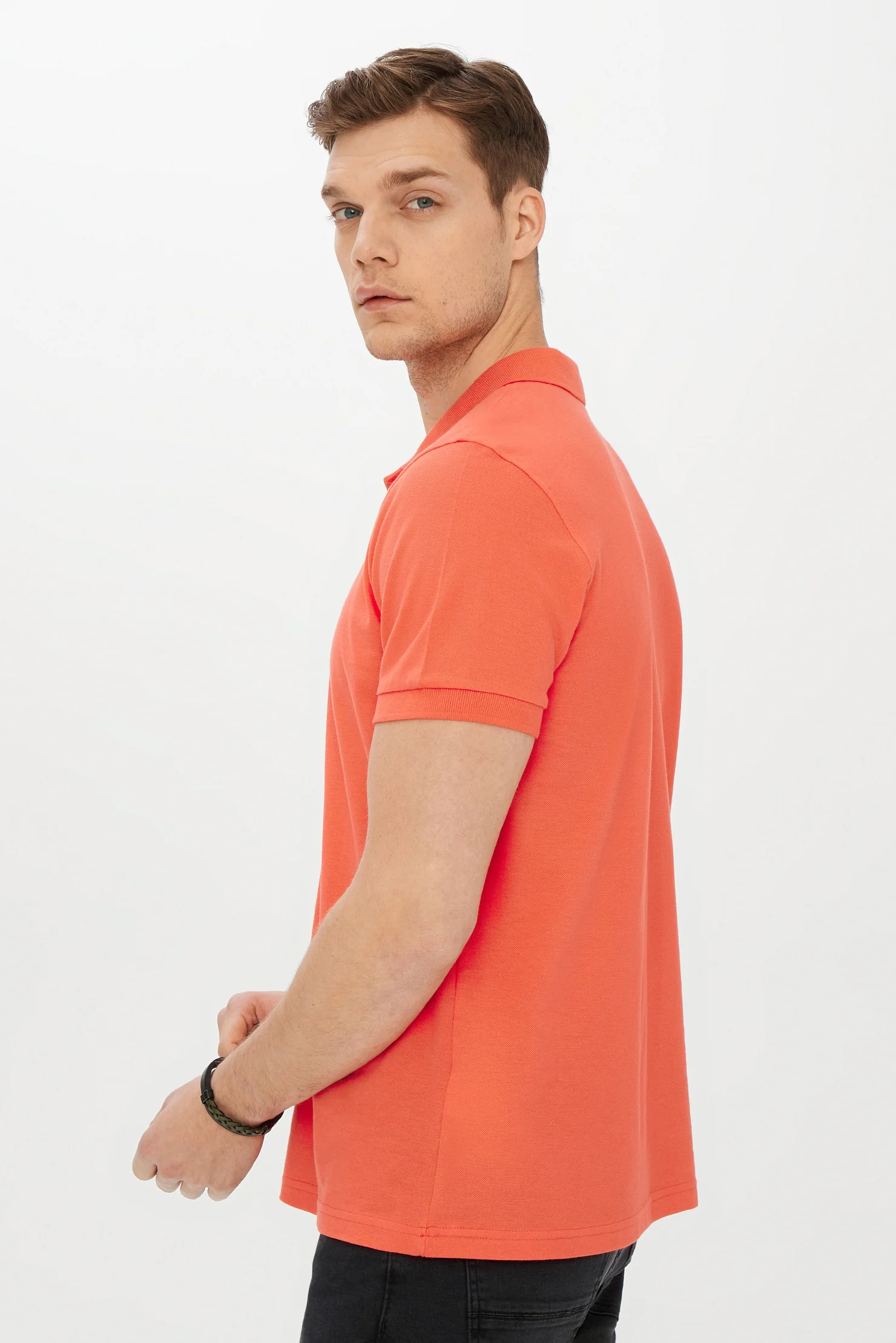 Mercan Kırmızı Polo Yaka Slim Fit Dar Kesim Pamuk Tişört - Image 5